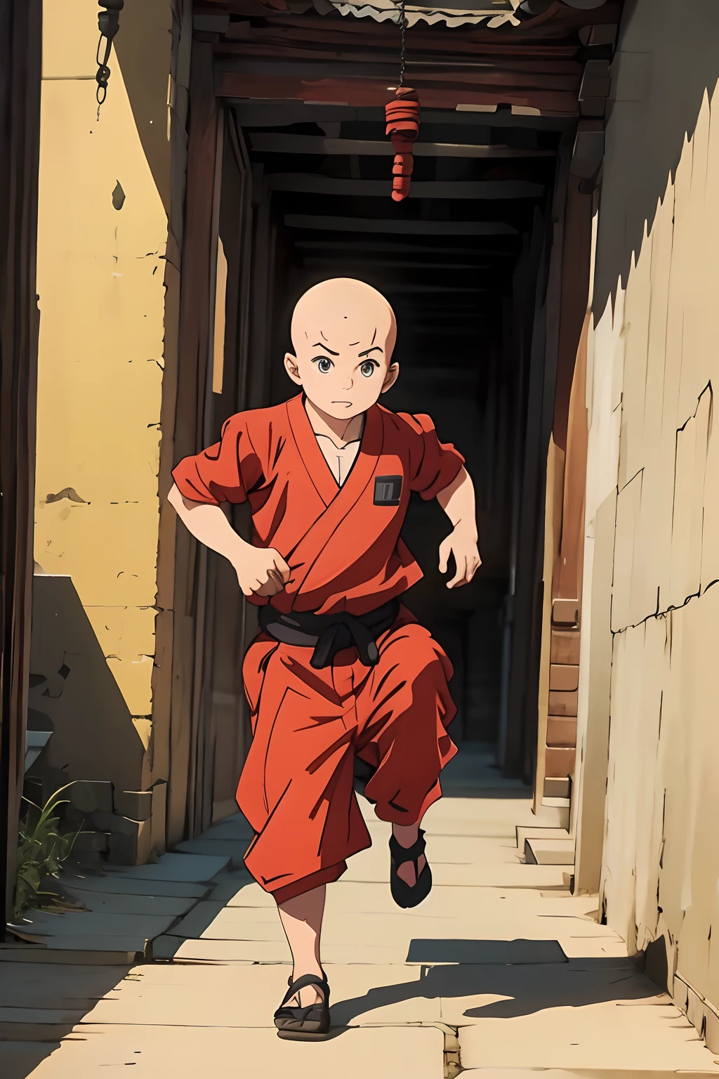 Bald Shaolin boy running, The child carries a book, The boy is running through the passageway of a temple