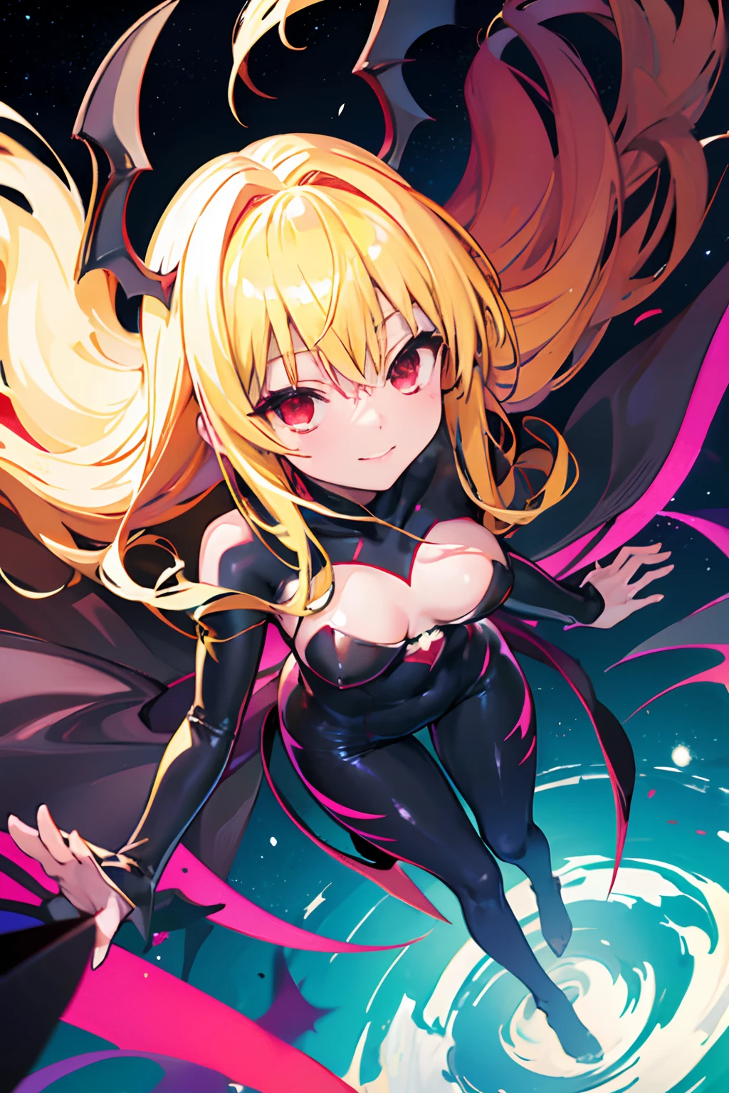 Carefully draw the face 5 year old girl High-quality faces in anime style a blond Shiny black full body suit Red lines all over the body seductiv a smile Morrigan Aensland sprawl