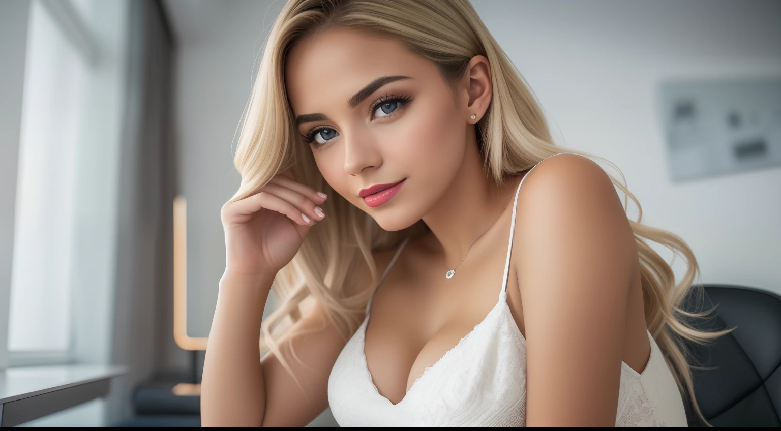 Uma mulher jovem e bonita, blonde hair that falls gently in waves up to the shoulders, altura mediana, olhos grandes e verdes, pele clara, roupas elegantes e sociais, she's in a work office, there are people in the background working, lighting of the office lights but there is a natural light coming in through the window that illuminates your hair, ela esta trabalhando com um computador em sua mesa, seu semblante esta naturalmente sereno, lips with red lipstick, work desk with some papers, quadro mais aberto, Textura 8K, altamente detalhados, realista, soft Cinematic Light, HDR, sharp fokus, obra-prima, fotorrealista, fotografia premiada, Canon EOS R5, 35 mm.