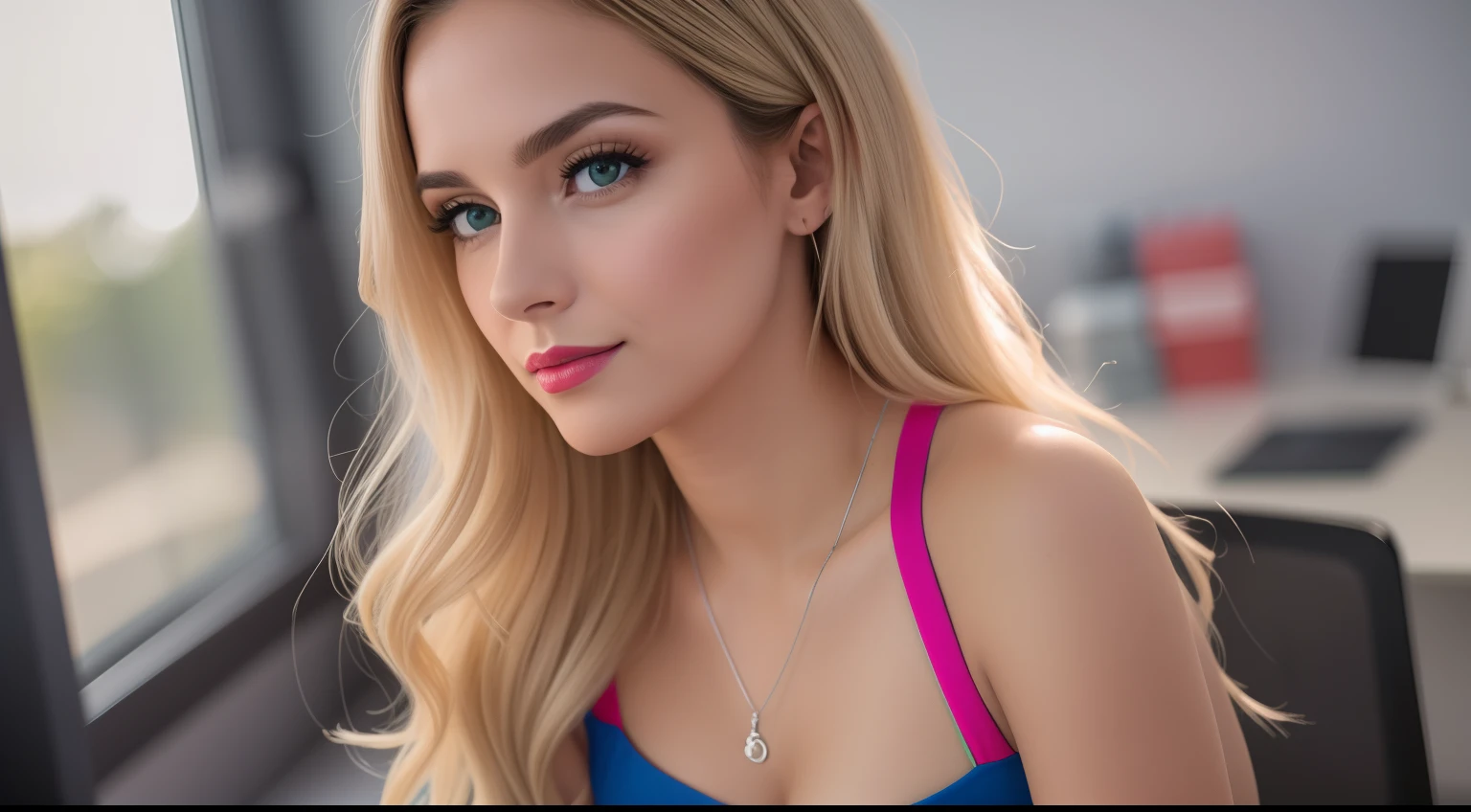Uma mulher jovem e bonita, blonde hair that falls gently in waves up to the shoulders, altura mediana, olhos grandes e verdes, pele clara, roupas elegantes e sociais, she's in a work office, there are people in the background working, lighting of the office lights but there is a natural light coming in through the window that illuminates your hair, ela esta trabalhando com um computador em sua mesa, seu semblante esta naturalmente sereno, lips with red lipstick, work desk with some papers, quadro mais aberto, Textura 8K, altamente detalhados, realista, soft Cinematic Light, HDR, sharp fokus, obra-prima, fotorrealista, fotografia premiada, Canon EOS R5, 35 mm.