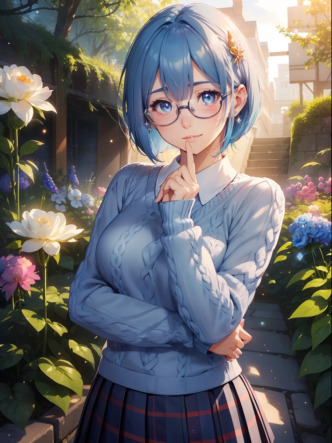 masutepiece, High resolution, 8K, anime woman, Delicate and detailed writing 、Detailed digital illustration、(((Pixie Bob)))、Shiny hair、a very beautiful woman、Eyes are double, Large,、 Bust is D cup、High image quality, High quality、Detailed background、The inside of the eye shines like a diamond、(((Blue hair)))、(((swept bangs)))、Gradient pupil、(((2 arms、4 fingers, 1 thumb)))、Detailed female face、a very beautiful woman、、细致背景、masterpiece、Soft Focus , Bright gradient watercolor , Lens Flare , (((Glitter))) , Glow , Dreamy ,Idol、Light blue ribbon、((Very beautiful light blue rose hair accessories))、White and light blue and golden costume、(((wears glasses)))、intelligent woman,、A smile、(((Cosmos Garden)))、Eyes with blue gradient glow、Full smile、(School Uniforms:1.2), (Wearing a navy blue knitted sweater over a white shirt,,,,:1.3), (Plaid pleated skirt:1.3),(((Cosmos Garden)))、rainbows