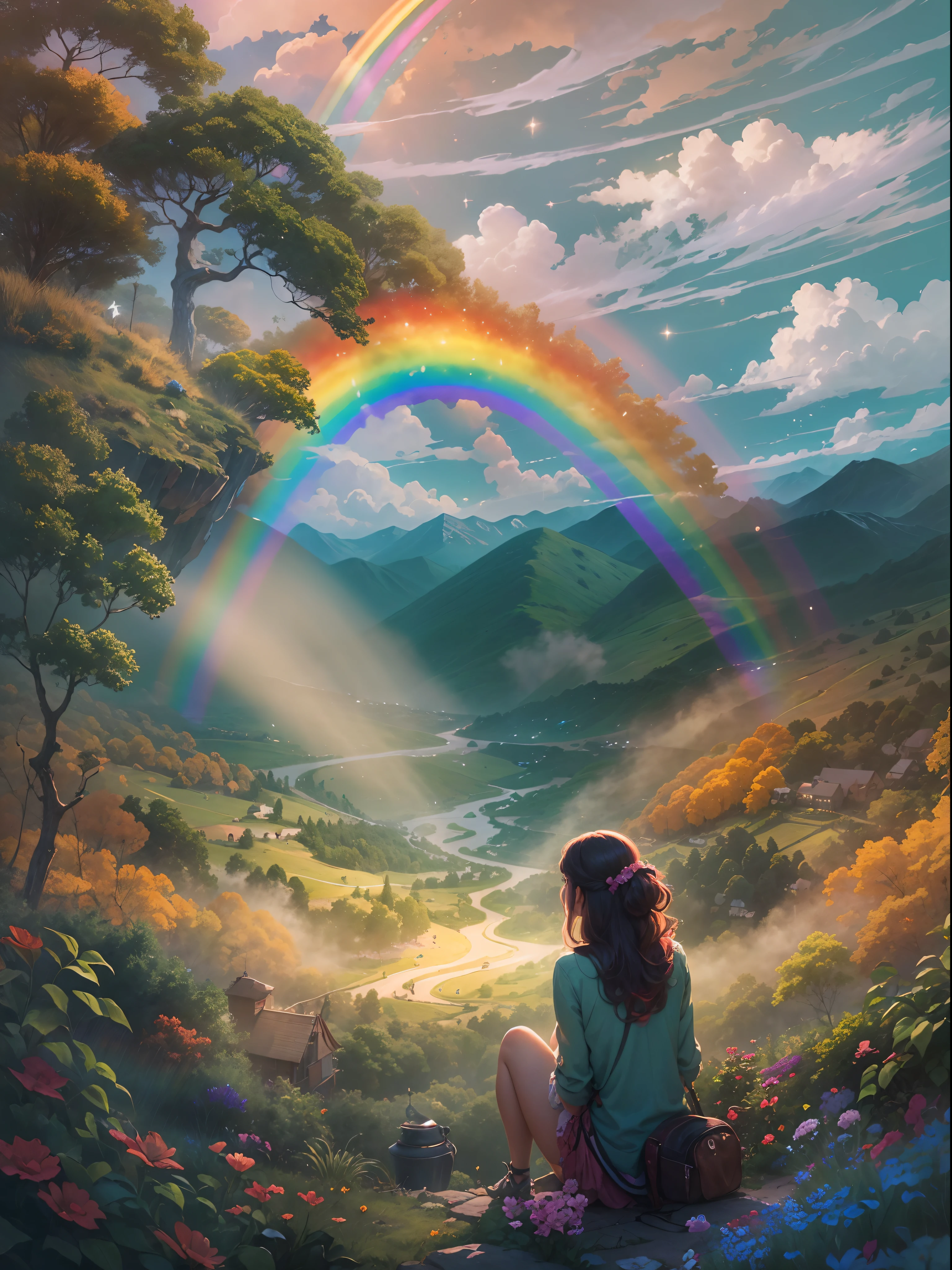 ((Best quality)) , ((Masterpiece)) , (Detailed) , Masterpiece digital artwork, concept-art, The landscape (Huge rainbow:1.2) From the inside of the bungalow, [fauna|sonoko], Hillsides and spaces, Stars in the sky, Sketch, Cosy, Super punk, hair light, Depth of field 100mm, Low contrast, Bright design, Dreamy and magical atmosphere, professional, most beautiful artwork in the world, 8K resolution