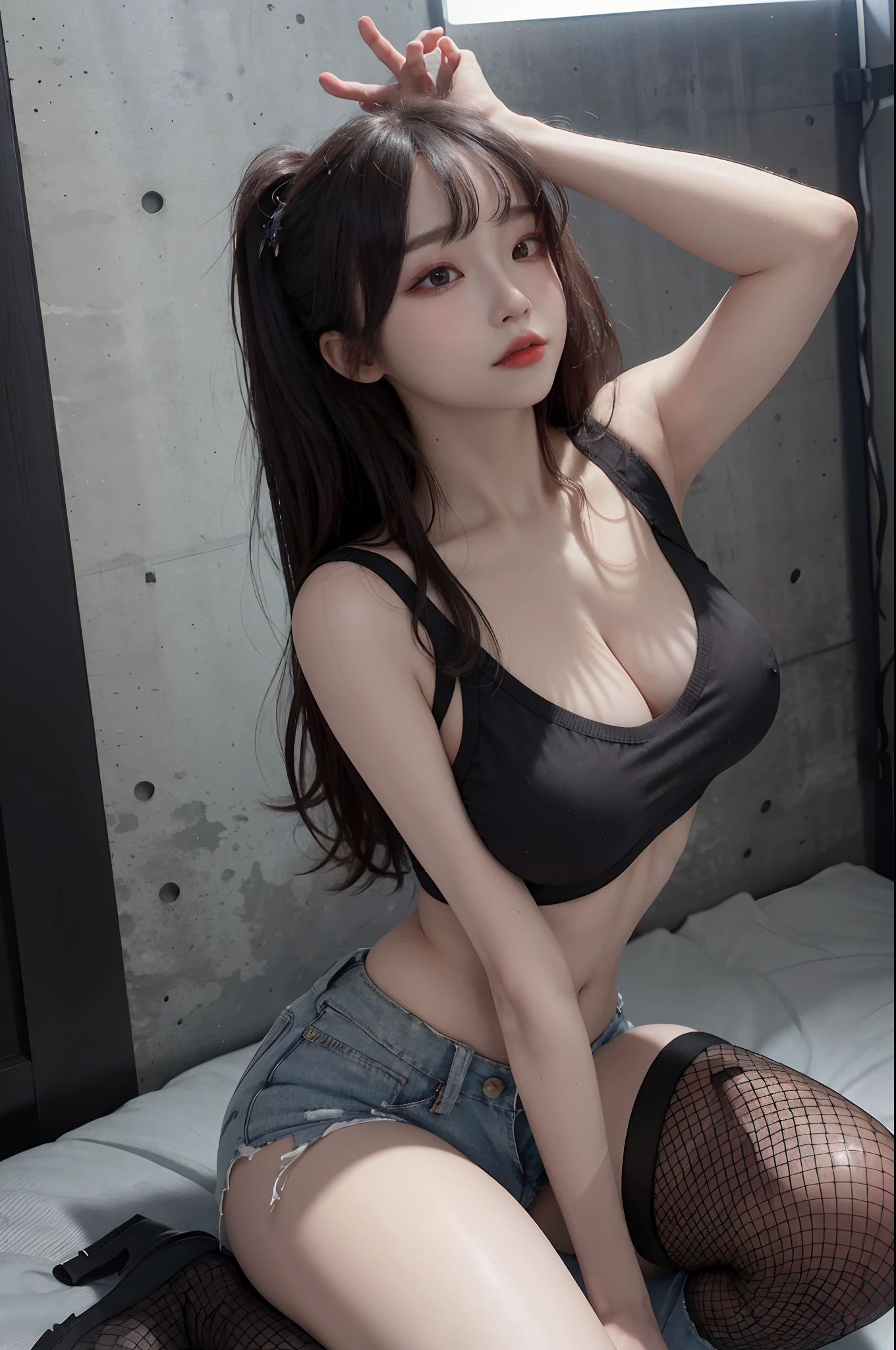Best Quality, Masterpiece, High Resolution, 8K, (Realistic: 1.4), Ultra High Resolution, 1 Girl, Ultra Detailed, Surreal, Highly Detailed CG Illustration, Official Art, Cinematic Light, Reality, Young Beautiful Girl, Perfect Figure, Perfect Figure, Full View, Perfect Body, (Starting below: 1.3), Mask, Pose, Sexy Long Legs, Confident, Beautiful Sexy, Grey Short Sleeves, Open Abdomen, Black Super Shorts, S-shaped Body, Upturned Hips, Assuming, Posing, Different Perspectives