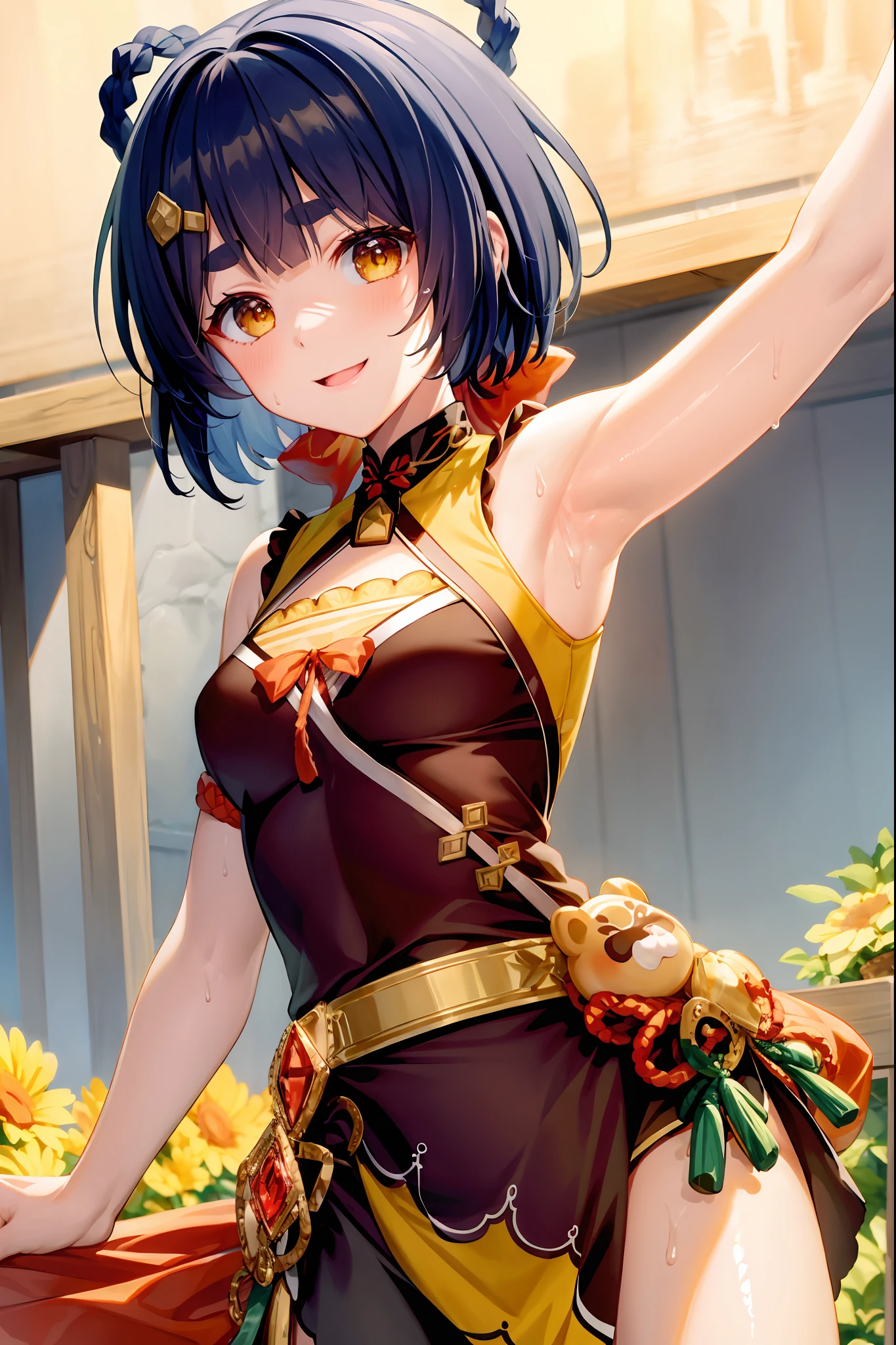 masterpiece, best quality, 1girl, xiangling (genshin impact),, smile, hair ornament, v, looking at viewer, yellow eyes, closed mouth,  short hair, :d, bangs, hairclip, ,, thick eyebrows, ,  blue hair, indoors , arm up, blunt bangs, upper body, solo, , , reaching towards viewer,  , outdoors, braid,  depth of field, armpits, sweat, sweaty armpits, small breasts