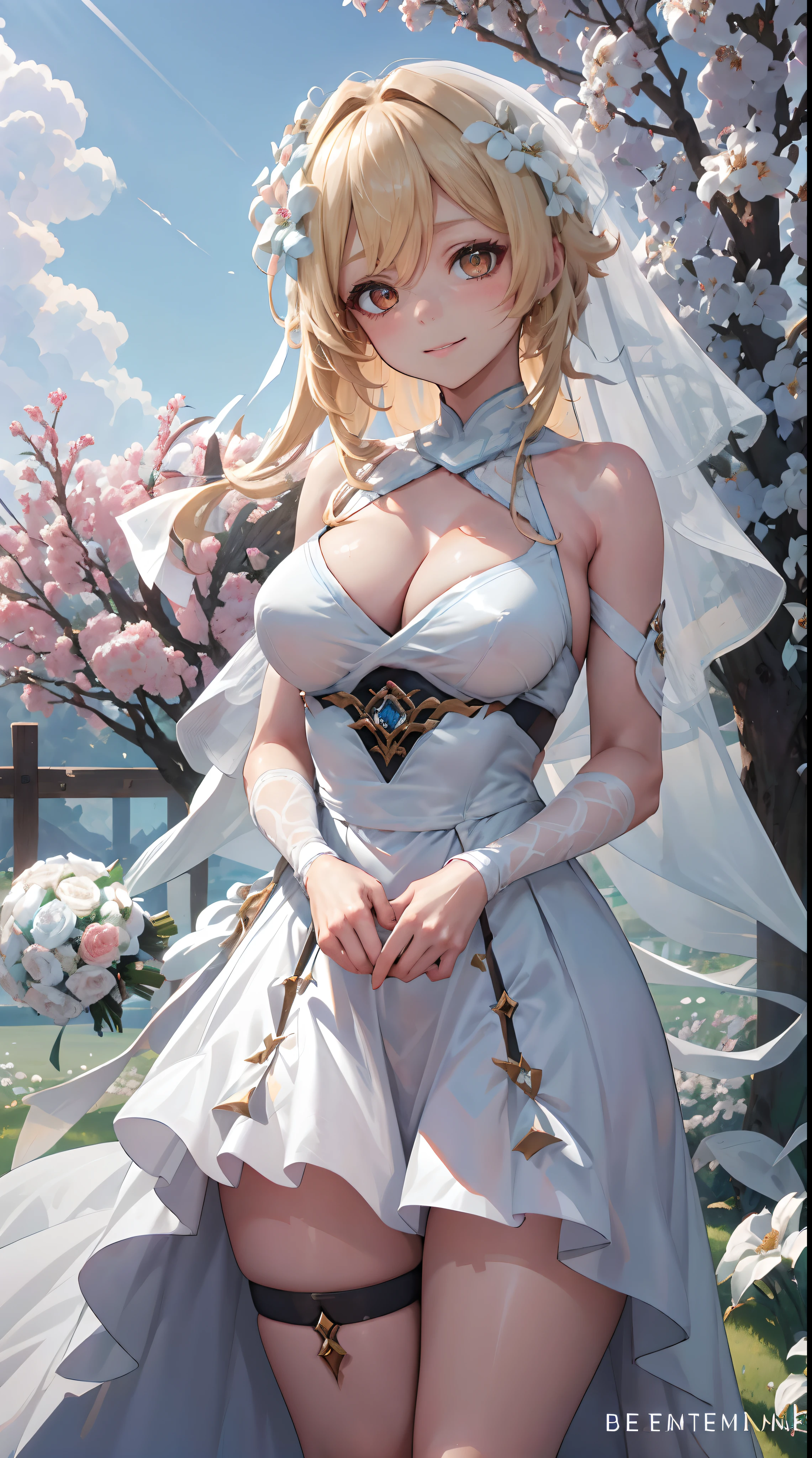 Lumine | genshin impact, master-piece, bestquality, 1girls,25 years old, proportional body, proportional., Wedding Dresses, White Wedding Dress, Long skirt, wedding, mediuml breasts, ,bara, Standing in the middle of a flower garden, outdoor, wedding, The sky is beautiful, Both hands hold a bouquet of flowers........................., View viewers from the front., Thigh strap, Head tilt, bored, 10, 10, HD, slight smile,