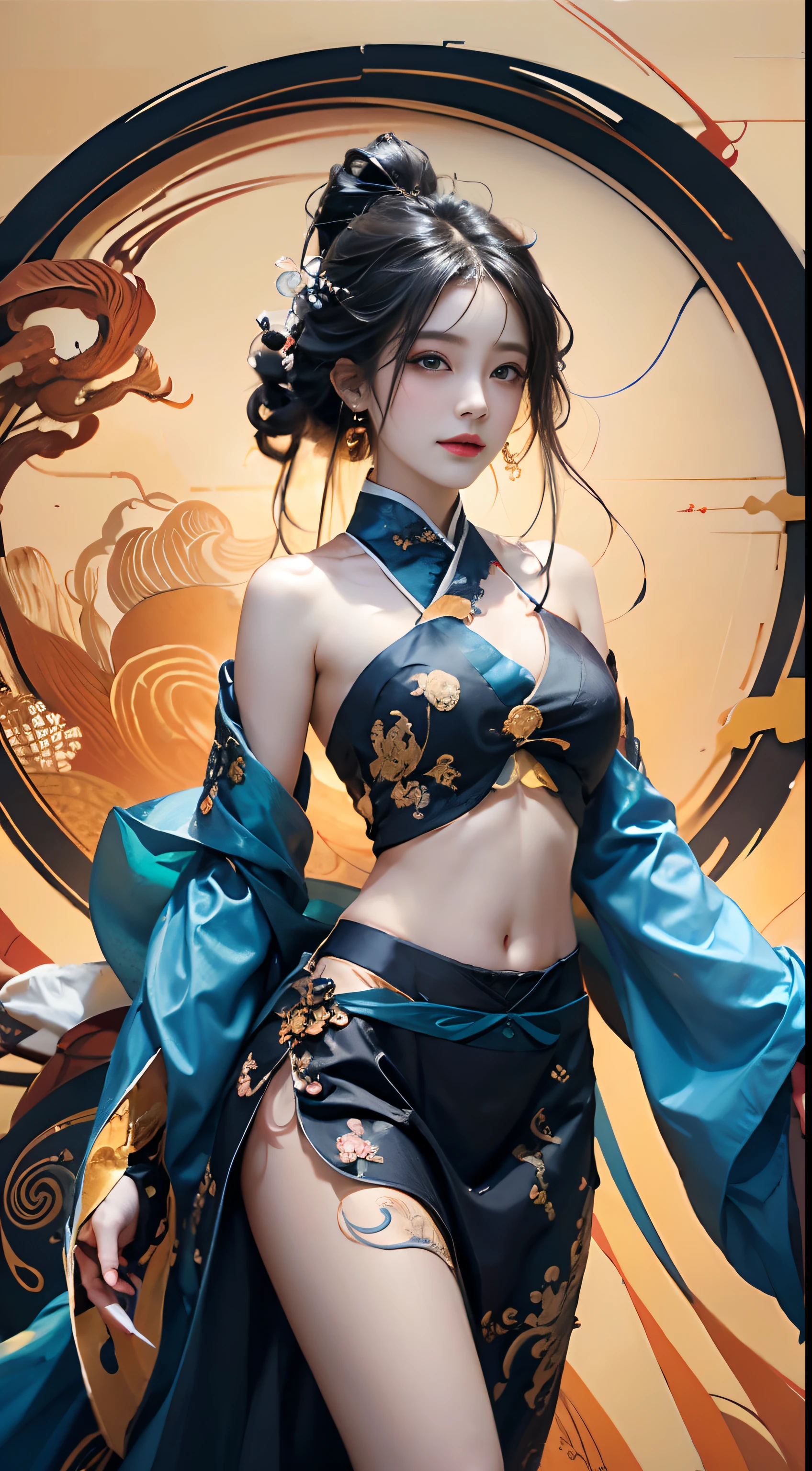 Official Art, Unified 8K Wallpapers, Ultra Detailed, Beautiful and Aesthetic, Masterpiece, Best Quality, (Zentangle, Tangle, Entangle), (fractal art: 1.4), (character center: 1.3), 1girl, black hair, Chinese, off-the-shoulders, short skirt, calf, navel, very detailed, dynamic angle, cowboyshot, (most beautiful form of chaos), ethereal, (bright colors), oc, (half: 1.2), china, (thangka flying sky: 1.5), (ribbon: 1.3), (dream: 1.5), (hanfu: 1.5), Chinese dragon, Chinese phoenix, (smile: 0.5), ( Chinese deities),
