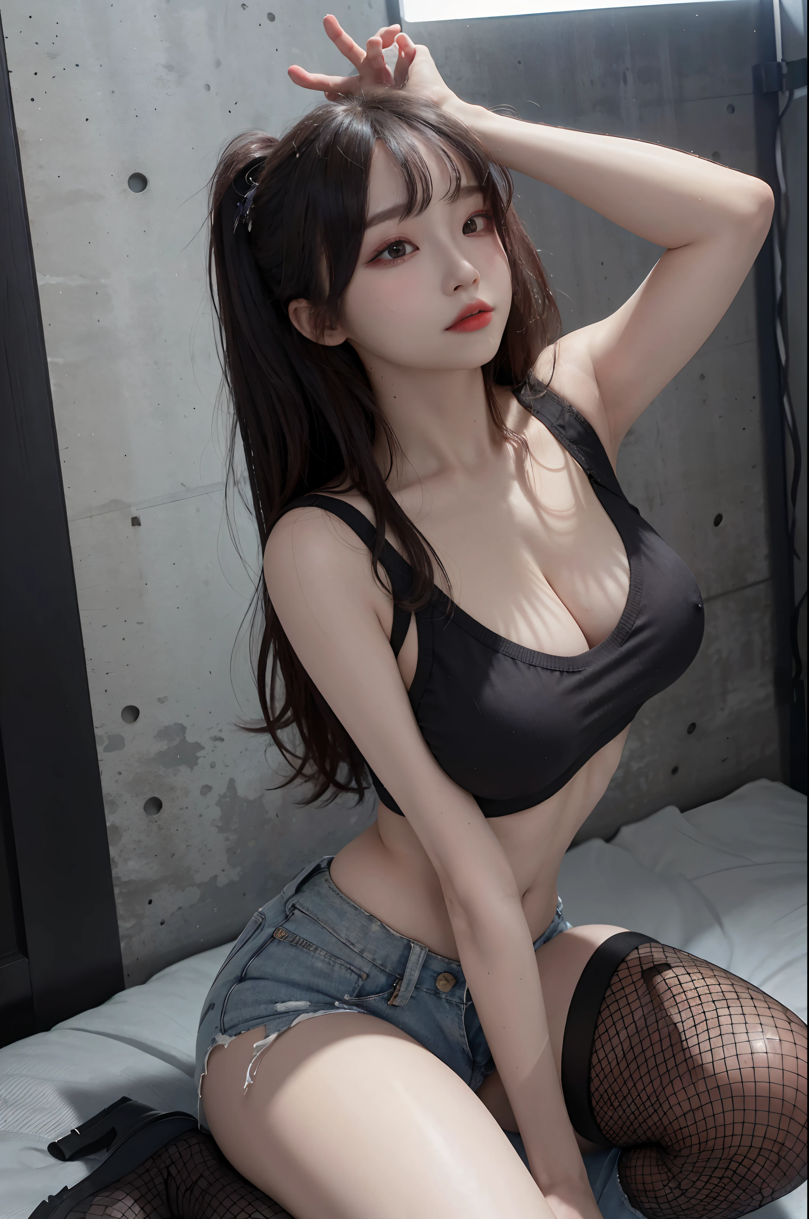 Best Quality, Masterpiece, High Resolution, 8K, (Realistic: 1.4), Ultra High Resolution, 1 Girl, Ultra Detailed, Surreal, Highly Detailed CG Illustration, Official Art, Cinematic Light, Reality, Young Beautiful Girl, Perfect Figure, Perfect Figure, Full View, Perfect Body, (Starting below: 1.3), Mask, Pose, Sexy Long Legs, Confident, Beautiful Sexy, Grey Short Sleeves, Open Abdomen, Black Super Shorts, S-shaped Body, Upturned Hips, Assuming, Posing, Different Perspectives
