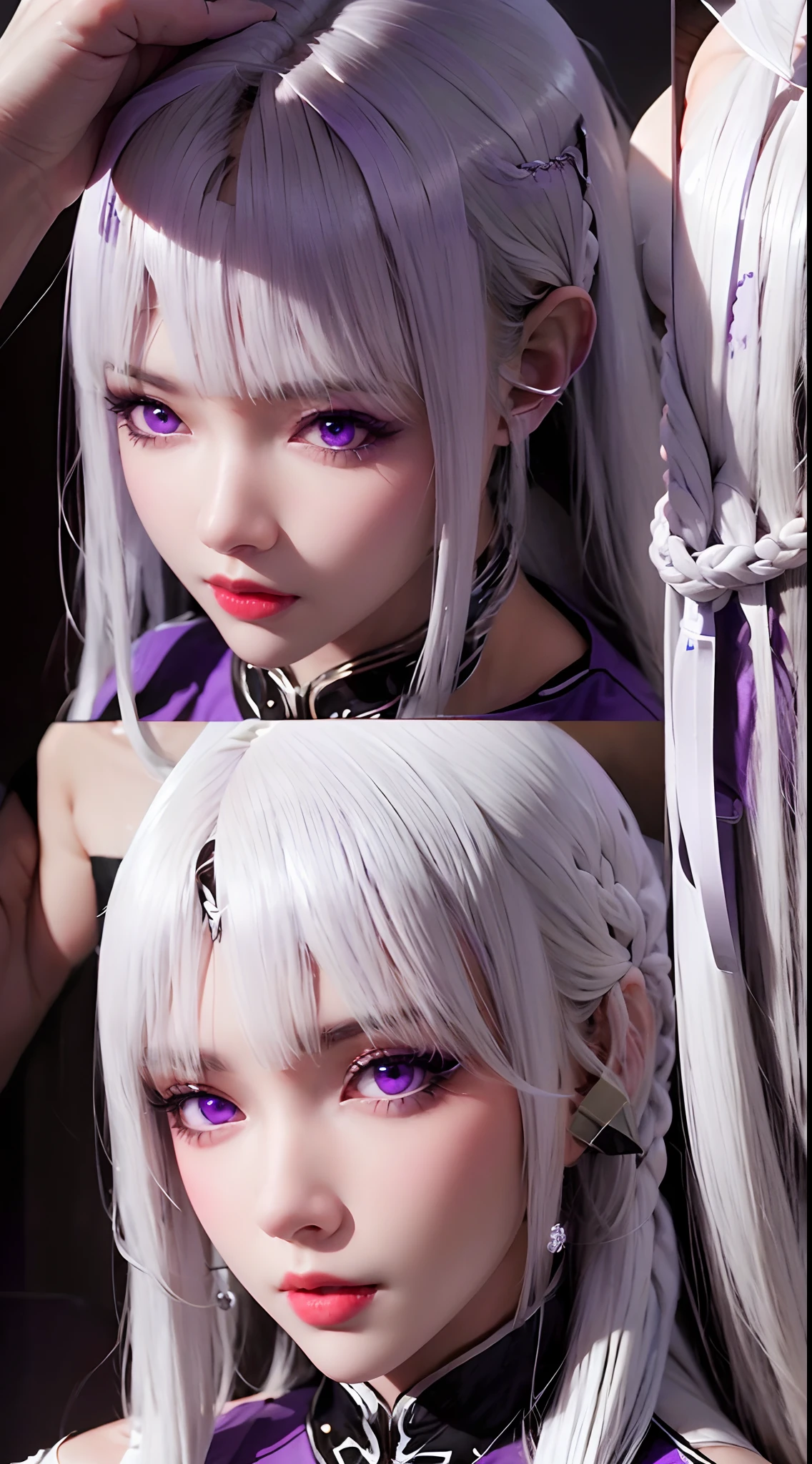 "1 beautiful girl in traditional dress ((:-1.8)), ((shoulder blade:-2)), ((long hair and white bangs:2)), most beautiful and detailed hair jewelry, Super cute little face Extremely beautiful face, thin eyebrows, flawless face, full body, ((black eye pupil:0.8)), very beautiful eyes, ((purple eyes:1.4)), ((purple veins around eyes:0.8)),