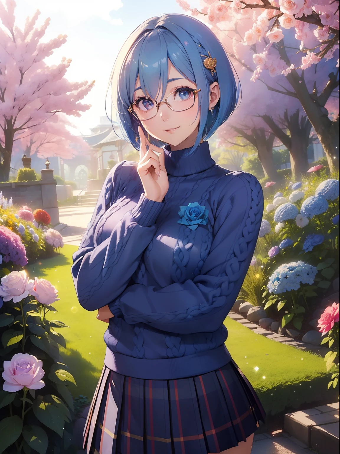 masutepiece, High resolution, 8K, anime woman, Delicate and detailed writing 、Detailed digital illustration、(((Pixie Bob)))、Shiny hair、a very beautiful woman、Eyes are double, Large,、 Bust is D cup、High image quality, High quality、Detailed background、The inside of the eye shines like a diamond、(((Blue hair)))、(((swept bangs)))、Gradient pupil、(((2 arms、4 fingers, 1 thumb)))、Detailed female face、a very beautiful woman、、细致背景、masterpiece、Soft Focus , Bright gradient watercolor , Lens Flare , (((Glitter))) , Glow , Dreamy ,Idol、Light blue ribbon、((Very beautiful light blue rose hair accessories))、White and light blue and golden costume、(((wears glasses)))、intelligent woman,、A smile、(((Cosmos Garden)))、Eyes with blue gradient glow、Full smile、(School Uniforms:1.2), (Wearing a navy blue knitted sweater over a white shirt,,,,:1.3), (Plaid pleated skirt:1.3),(((Cosmos Garden)))、rainbows、one hand on hi、