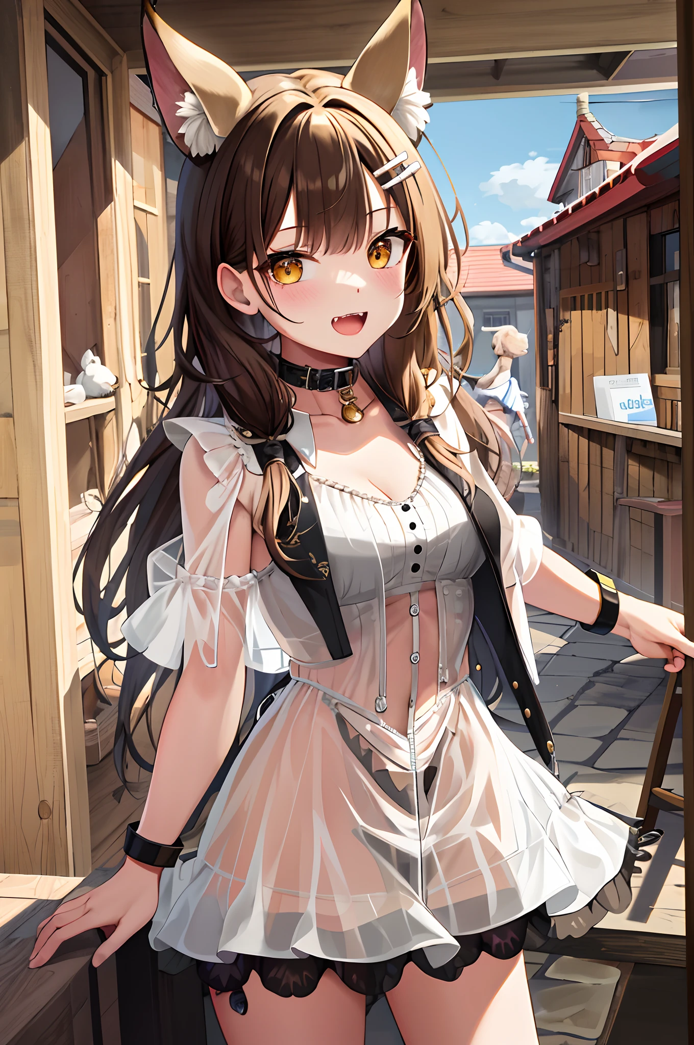 Masterpiece, Best Quality, High Definition, IK1, 1girl, White Dress, Yellow Jacket, Dog Tail, Animal Collar, Cleavage, Medium, Wristband, Cartoon Bone, Hair clip, Fangs, Cowboy Shot,(Sheer Clothing:1.3), Mini Skirt