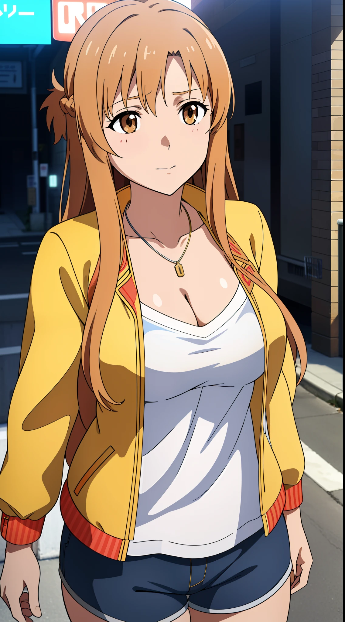 (best quality:1.5, highres, UHD, 4K, detailed lighting, shaders), asuna yuuki, light brown long hair, large breasts, open jacket, camisole, cleavage, shorts, street background, (pov, close shot), necklace