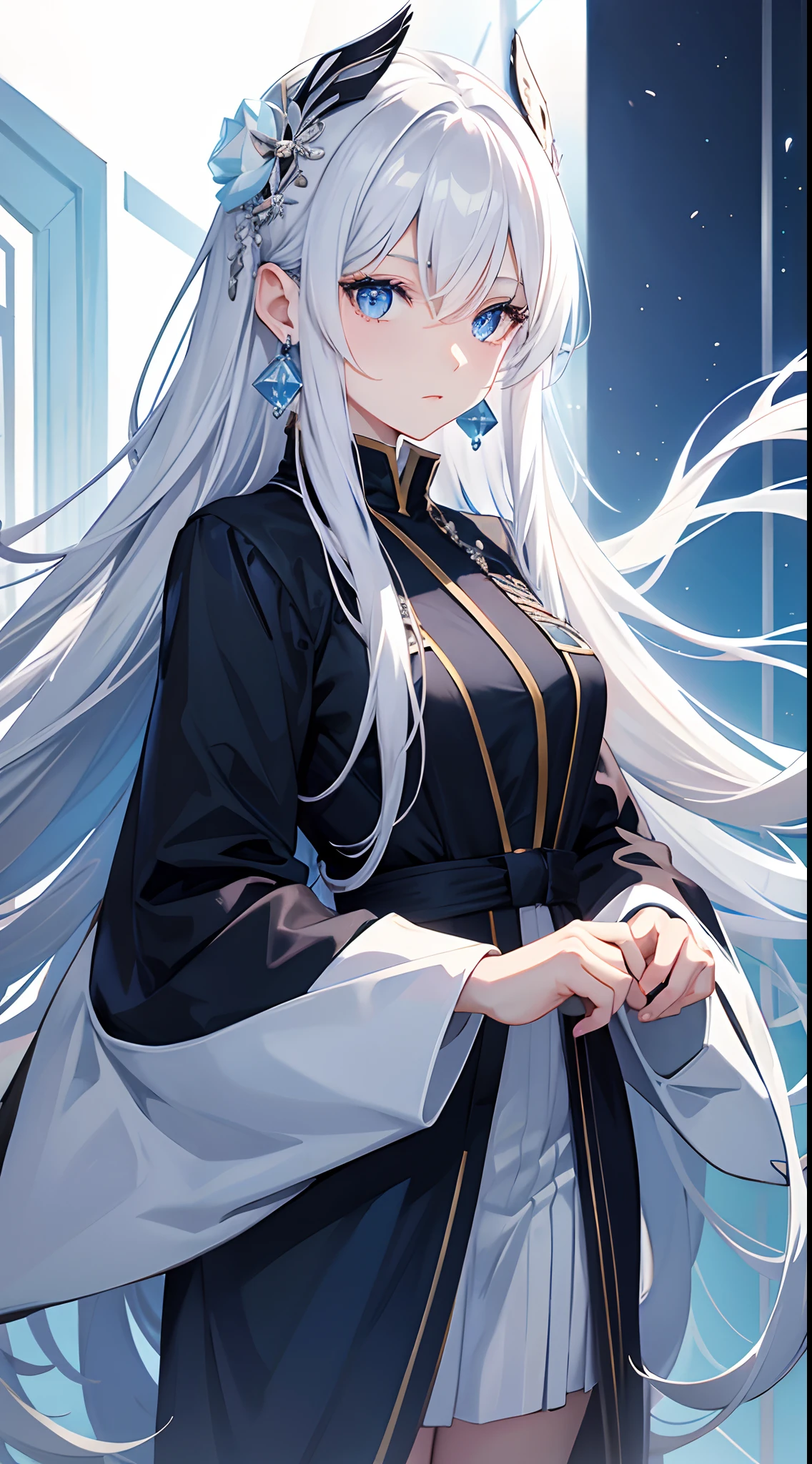 Cover magazine, anime, woman, solo, long hair, white hair, blue eyes, model, beautiful, fantasy, ice. Casual clothes. Hair accessories. Unusual hairstyles. Earrings.