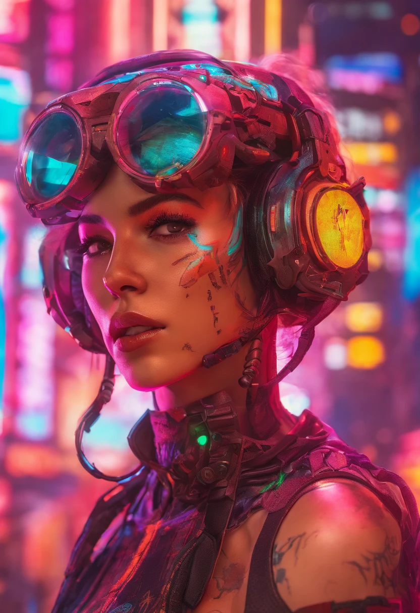 (highly detailed: 1.2), (canon EOS R6 best quality: 1.2), (8k: 1.0), (emb-rrf-low: 1.0), (lots of large black tattoos on cybernetic head open in the middle showing the inside, detailed face, hyper detailed eyes and wearing hi-tech sunglasses with holographic display 1.2), sharp focus (awarded photo: 1.2), (subsurface scatter: 1.2), (subsurface scatter: 1.2). 1.1) (a beautiful ultra-detailed cyborg: 1.2), ( hyper-detailed hair: 1.2), (wonderful body: 1.2), (full body: 1.2), (dynamic stance :1.2), neon glow, (detailed cybernetic eyes:1.1), close-up (hyperrealistic:1.2), rpg, CyberPunk 2077 style, dramatic lighting, (highly detailed futuristic cityscape:1.2), (sci-fi: 1.2). 1.2), professional portrait photography, by wlop greg rutkowski jeffrey simpson alphonse mucha