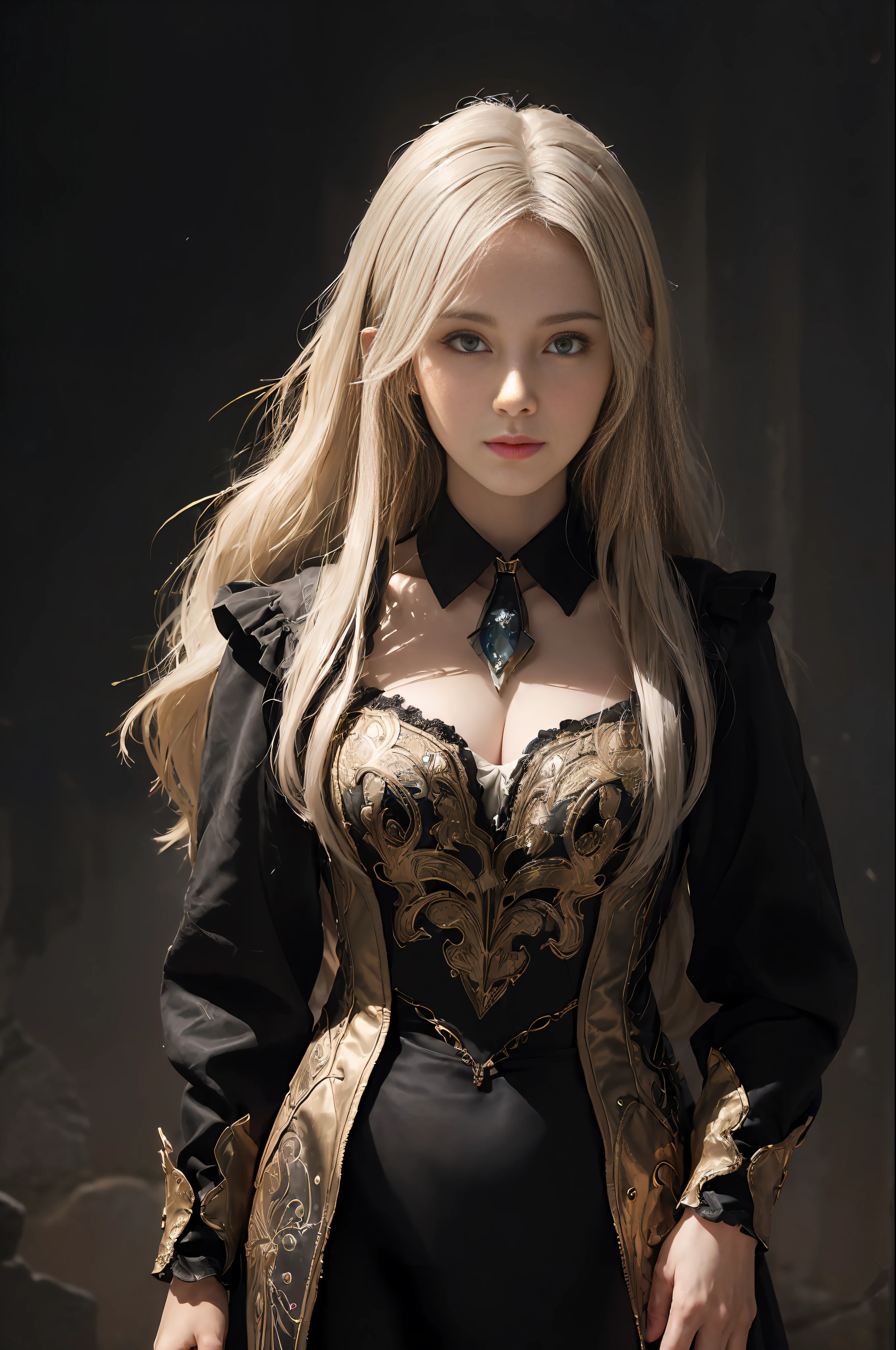 (in the dark:1.6), Hyperrealist portrait of female by david hockney and alphonse mucha,fantasy art, photo realistic, dynamic lighting, artstation, poster, volumetric lighting, very detailed faces, 4 k, award winning,, 1girl, in the dark, deep shadow, low key,cowboy shot,(official clothing:1.4) ,long hair,white hair,
