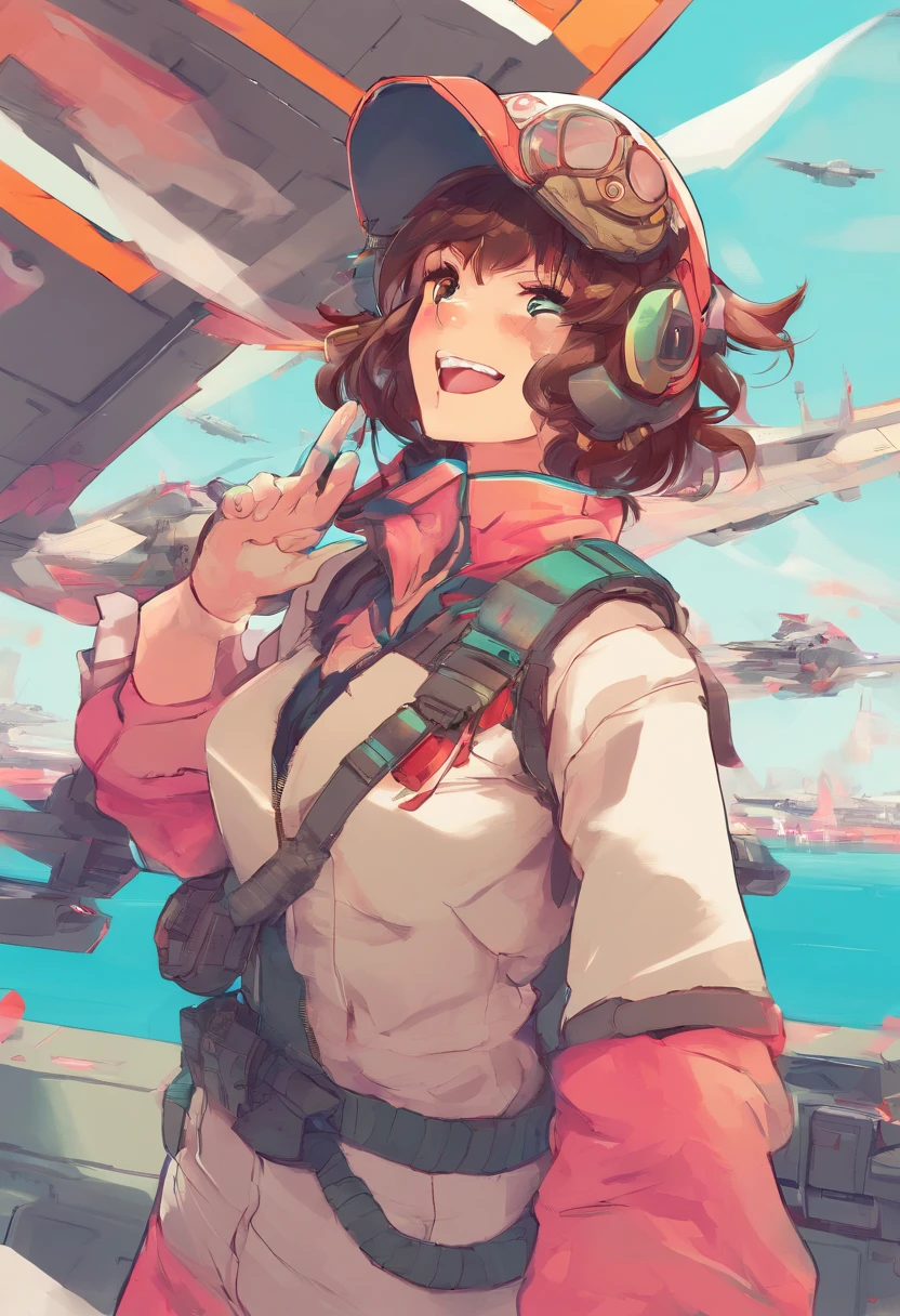1girl, ryuujou (kancolle), solo, brown hair, twintails, brown eyes, visor cap, magatama, open mouth, aircraft, smile, airplane, white background, japanese clothes, simple background, kariginu, upper body, long hair