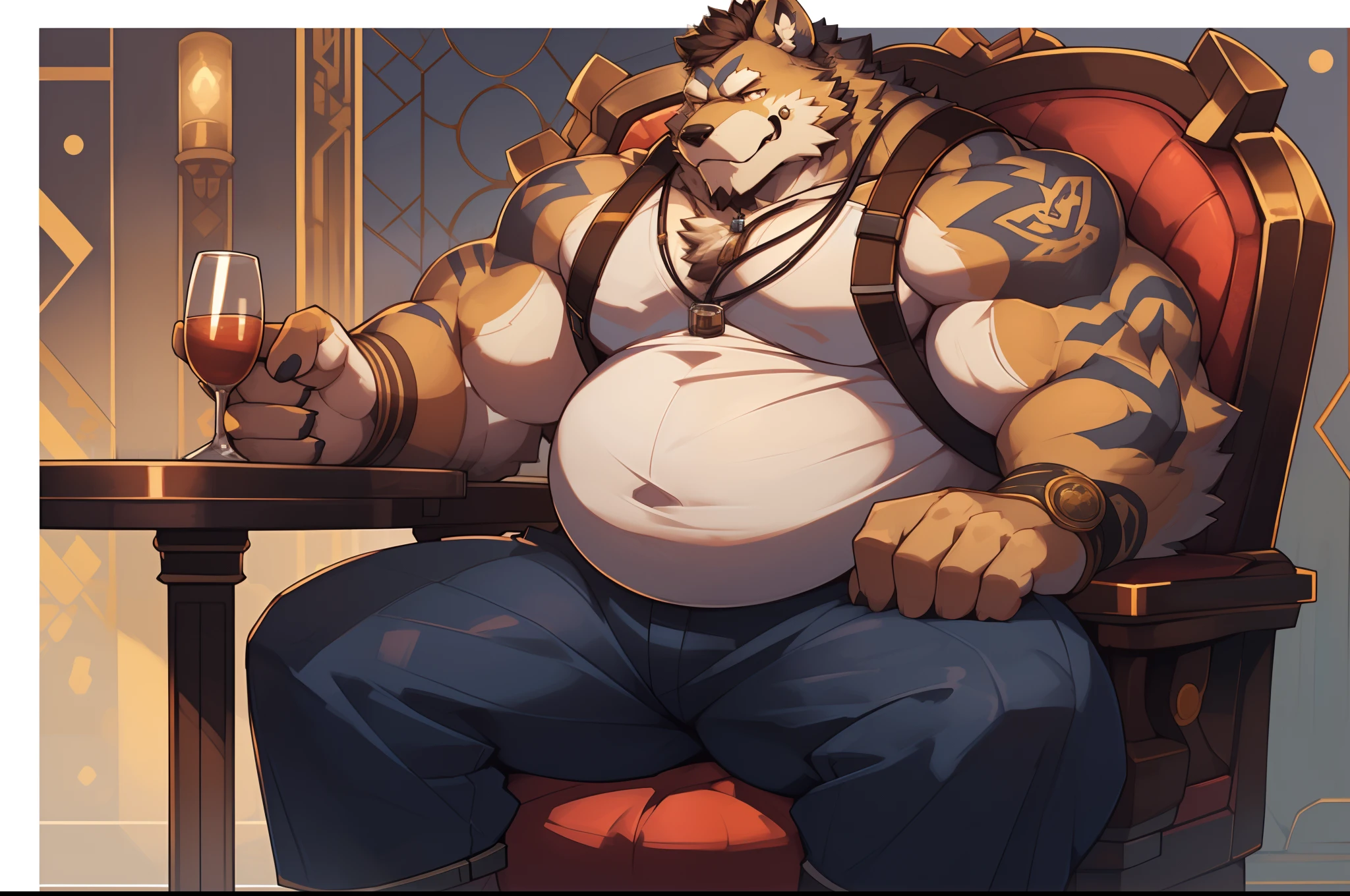 a close up of a person sitting in a chair with a glass, furry chest, pov furry art, winston from overwatch, thick furry neck and chest fluff, thicc, fluffy chest, (sfw) safe for work, commission for high res, fullbody commission for, heavy detailed, furry character, furry body, strong fat bacchanalian body, highly detailed full body