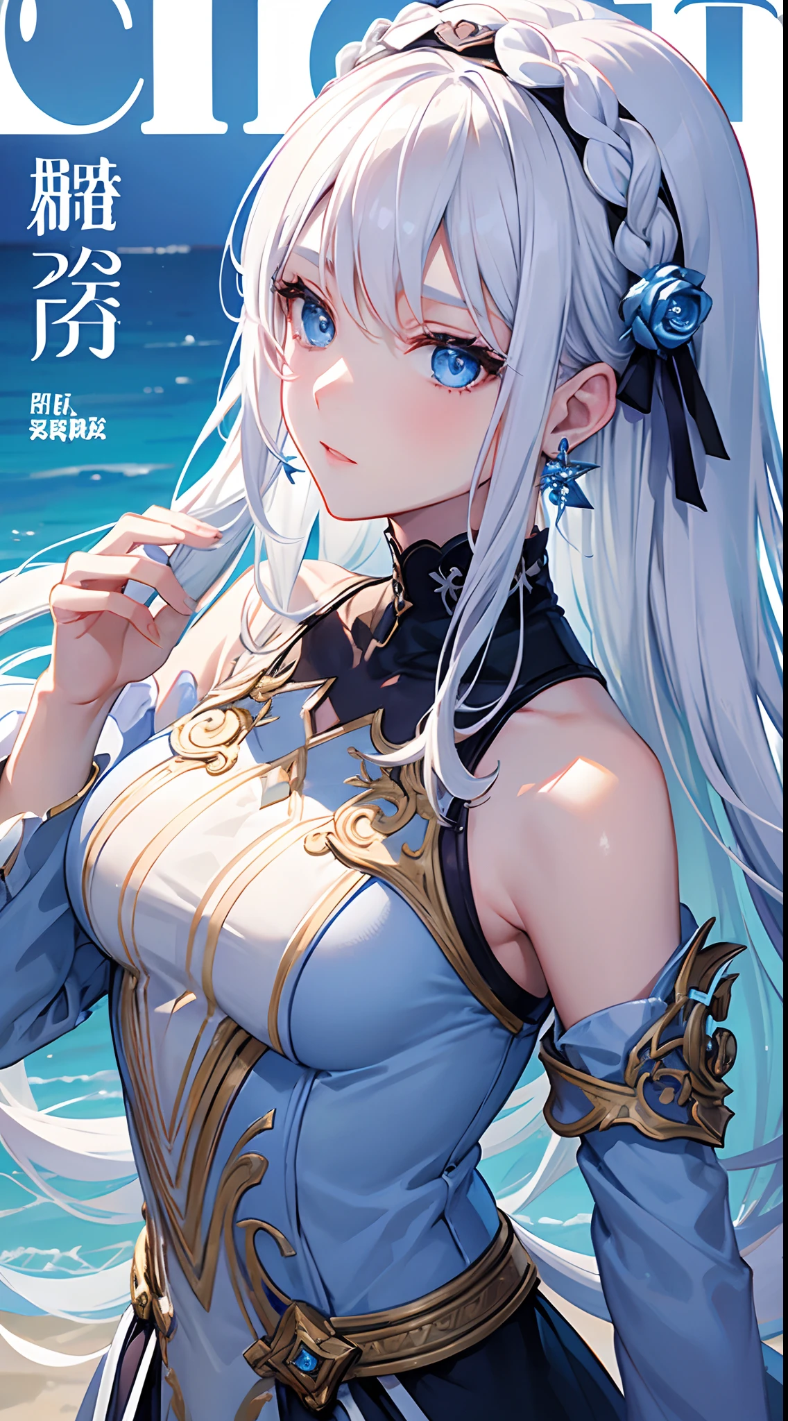 Best Quality, masutepiece, ,, Big breasts, White hair,Twin-tailed, odd eye, Masterpiece, Parted bangs,(Hair over one eye), various accessories, (each ear piercing, Sea, , White skirt, white one peace, ,  (((Shy))), (Happy), Leaning forward, Summer, From  above, Reaching out, Smiling shyly, Art style by Artgerm,