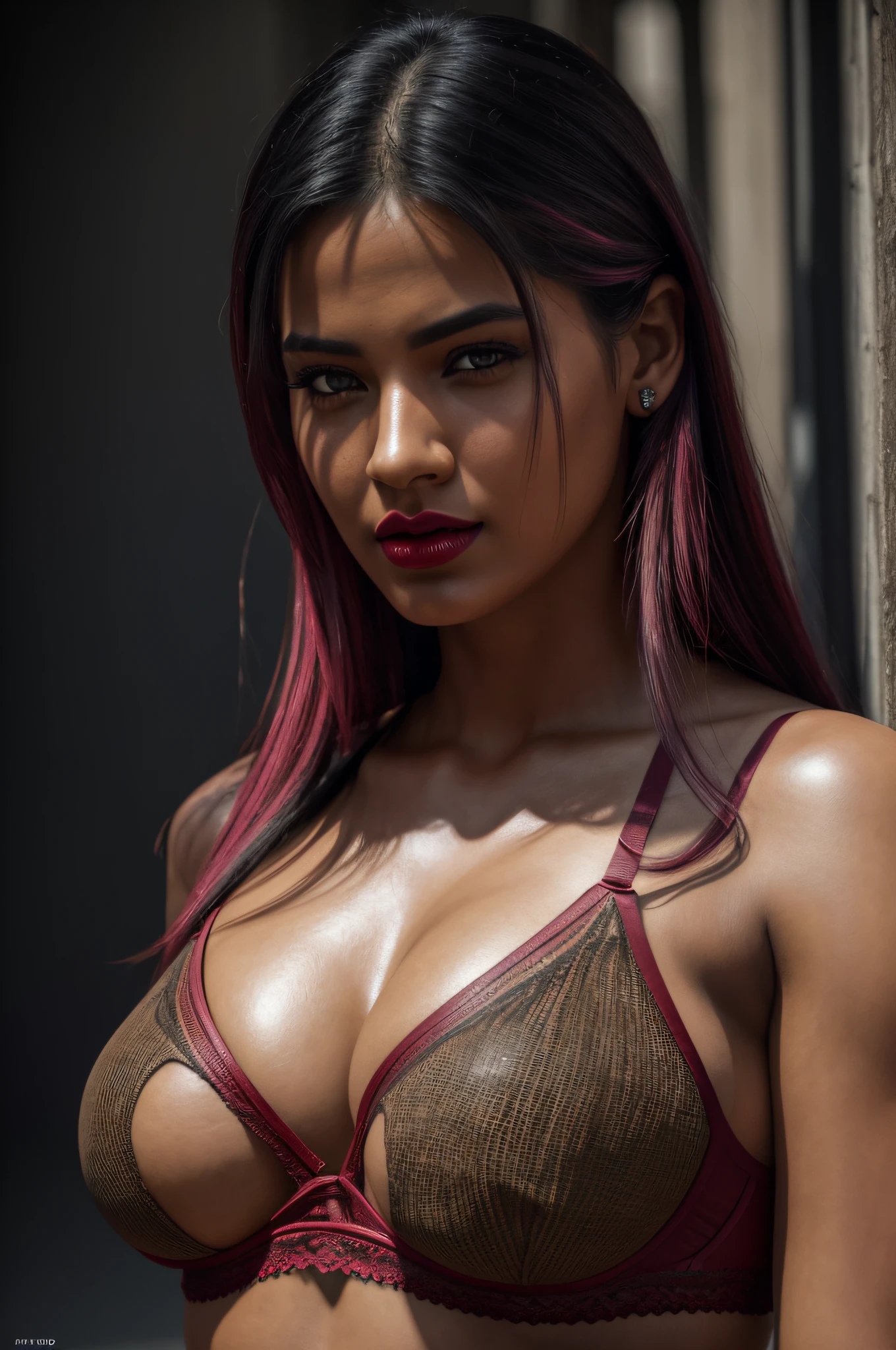 A Hot Indian fair model, one model , (((perfect massive 38dd breast, cleavage))), ((thick thighs, hourglass figure)), (croptop), (nipple:1.5) ((thick red lips)), ((transparent lingerie)), ((long straight hair)), ((black hair)) photorealistic, photo, masterpiece, realistic, realism, photorealism, high contrast, photorealistic digital art trending on Artstation 8k HD high definition detailed realistic, detailed, skin texture, hyper detailed, realistic skin texture, armature, best quality, ultra high res, (photorealistic:1.4),, high resolution, detailed, raw photo, sharp re, by lee jeffries nikon d850 film stock photograph 4 kodak portra 400 camera f1.6 lens rich colors hyper realistic lifelike texture dramatic lighting unrealengine trending on artstation cinestill 800, looking at viewer, neck tattoo, nose piercing, pink hair, solo, tattoo on face, upper body, detailed background, town, alley,, photorealistic, photo, masterpiece, realistic, realism, photorealism, high contrast, photorealistic digital art trending on Artstation 8k HD high definition detailed realistic, detailed, skin texture, hyper detailed, realistic skin texture, armature, best quality, ultra high res, (photorealistic:1.4),, high resolution, detailed, raw photo, sharp re, by lee jeffries nikon d850 film stock photograph 4 kodak portra 400 camera f1.6 lens rich colors hyper realistic lifelike texture dramatic lighting unrealengine trending on artstation cinestill 800,