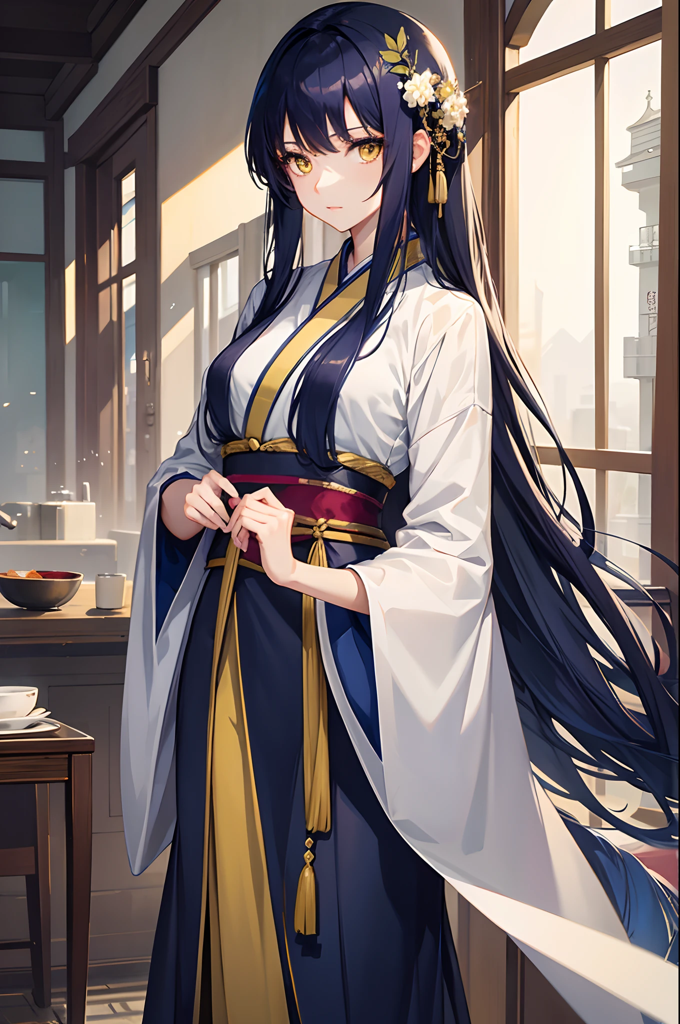 Tall girl, long brown hair, high ponytail, The eyes are golden, Purple Hanfu, neckline on the chest, Masterpiece, hiquality