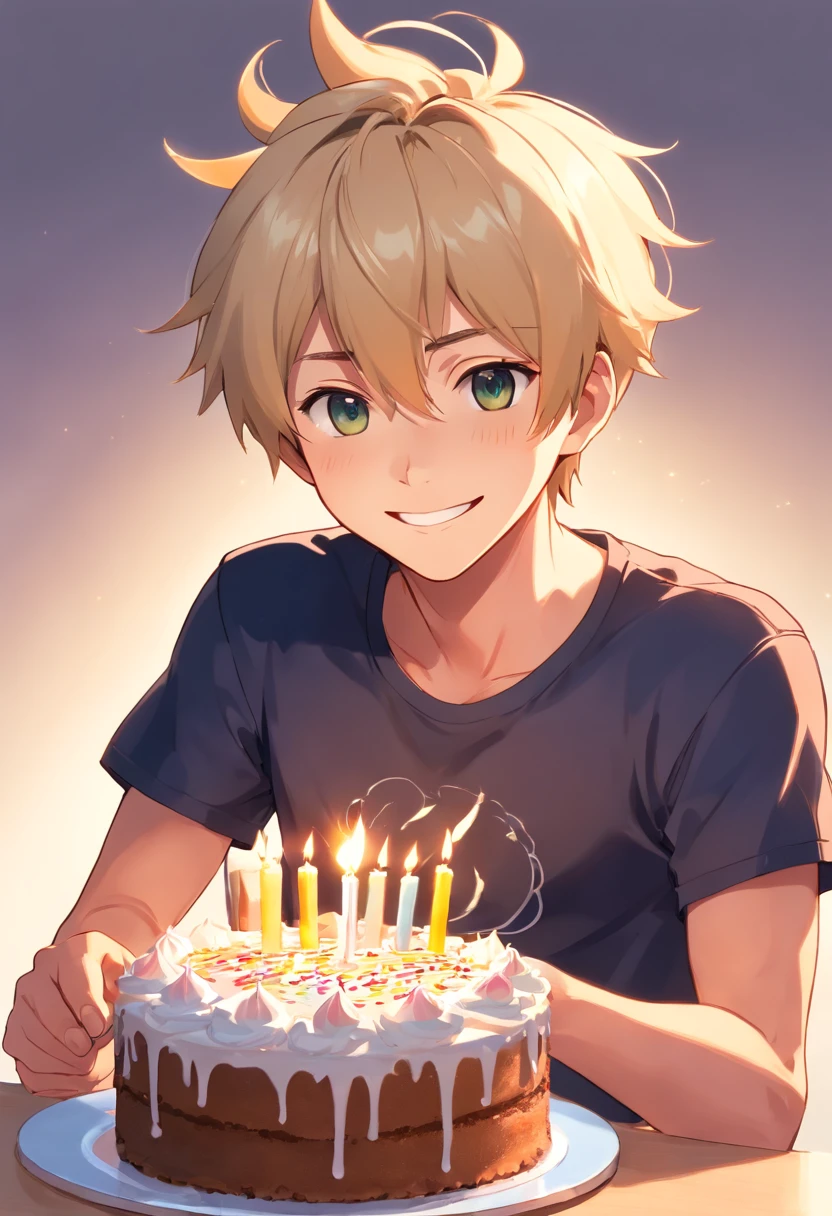 White background,A guy, smiling, blond, spiky hair, black t-shirt , birthday cake