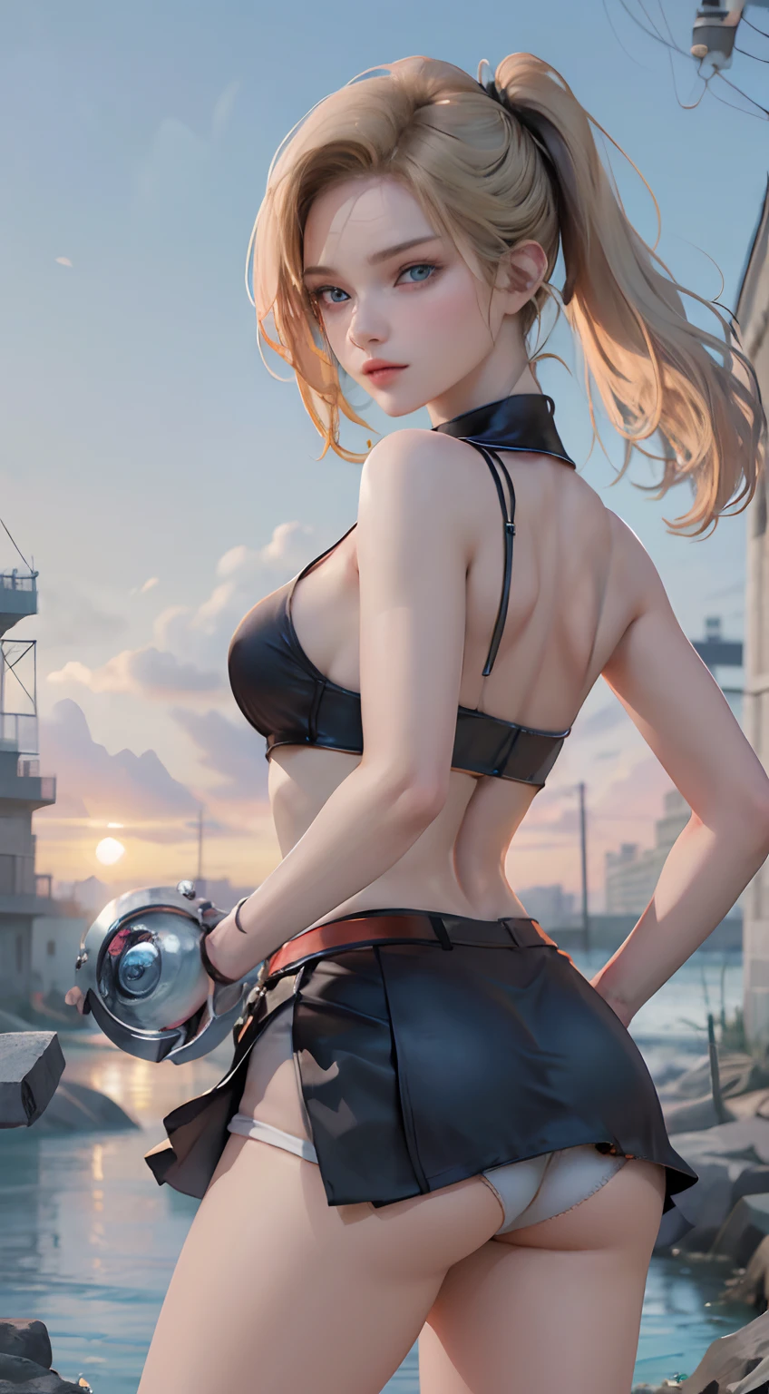 (Very detailed background:1.0), (Highly detailed background:1.0),absurderes, ((masutepiece:1.2, Best Quality)), (Dynamic Pose), (Photorealistic:1.4), Official art, Unity 8k壁纸, Beautiful and aesthetic, Looking at Viewer, 1lady, wide hips, Full Back White Cotton Panties、(Shiny skin), Many colors, White panty、Dynamic Angle, Most Beautiful Form of Chaos, Elegant, a brutalist designed, romanticism, deepshadow, lowkey, Looking back, android_18, and18, and18, 1girl in, Android 18, Solo, Blonde hair, Blue eyes, poneyTail