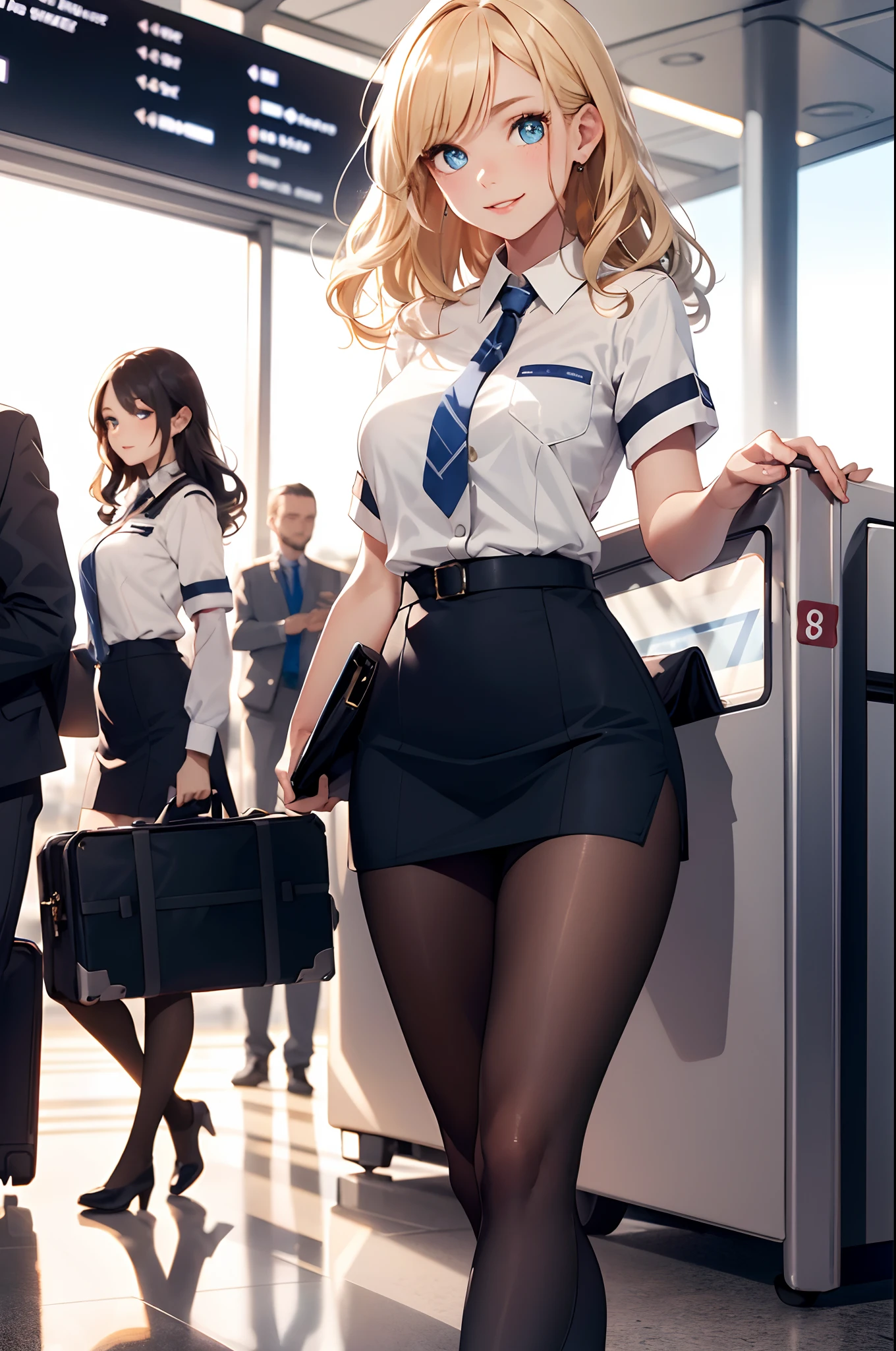 (top-quality、in 8K、32K、​masterpiece、nffsw、超A high resolution、Impresionismo、Photorealsitic:1.2)、cowboy  shot、foco nítido、detailed faces and eyes、realistic shadow、side lights、beauitful face、blurry backround、Sharp pupils、Realistic pupils、(airport:1.4)、beauitful face、20-year-old beauty、shiny white skin、Beautiful golden hair、Wavy Hair、Medium Hair、blue eyess、Flight attendant uniforms、tight skirts、pantyhose、Black shoes、A smile、Carry Case、thighs thighs thighs thighs、