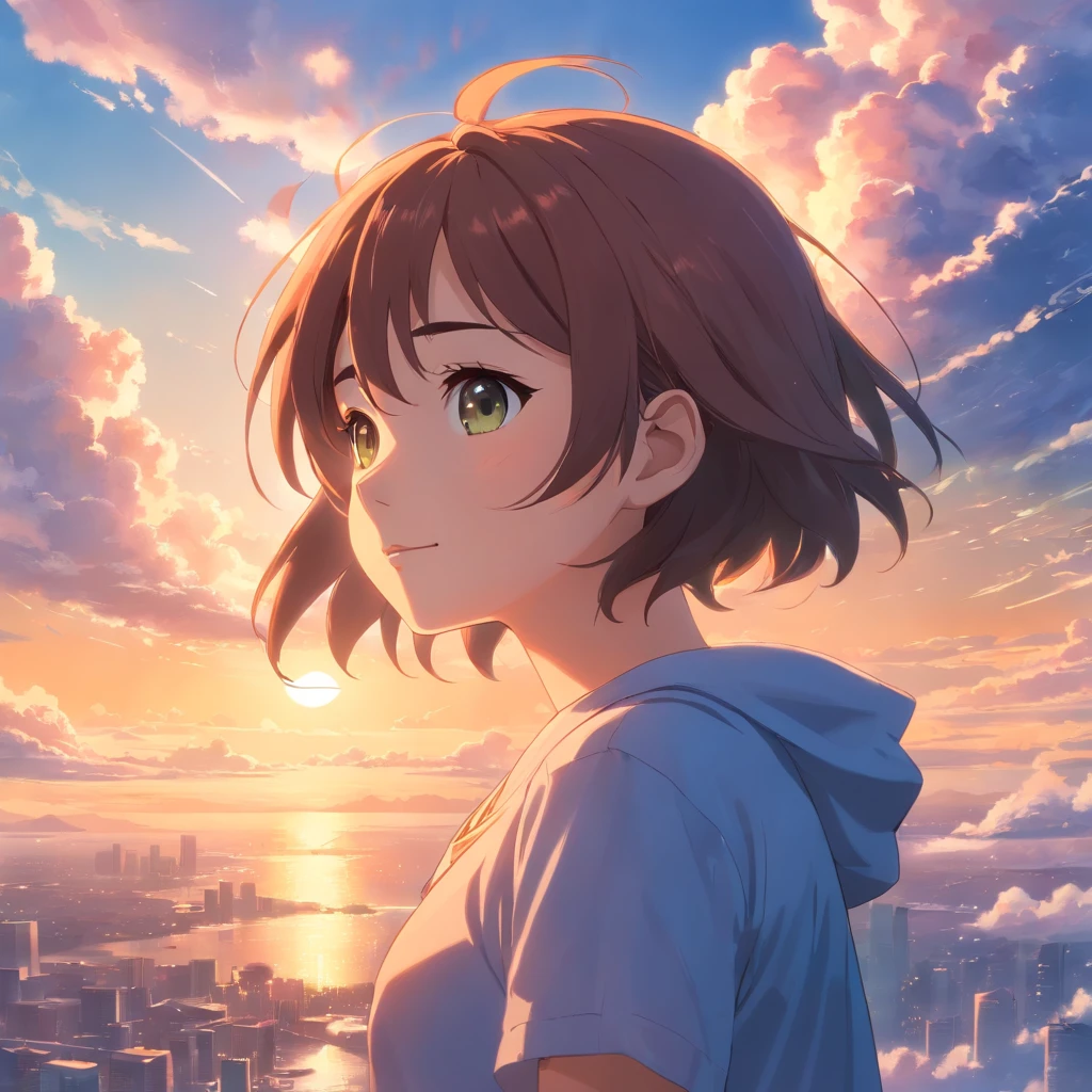 masterpiece, best quality, movie still, 1girl, cloud girl, floating in the sky, close-up, bright, happy, warm soft lighting, sunset, (sparks:0.7)
