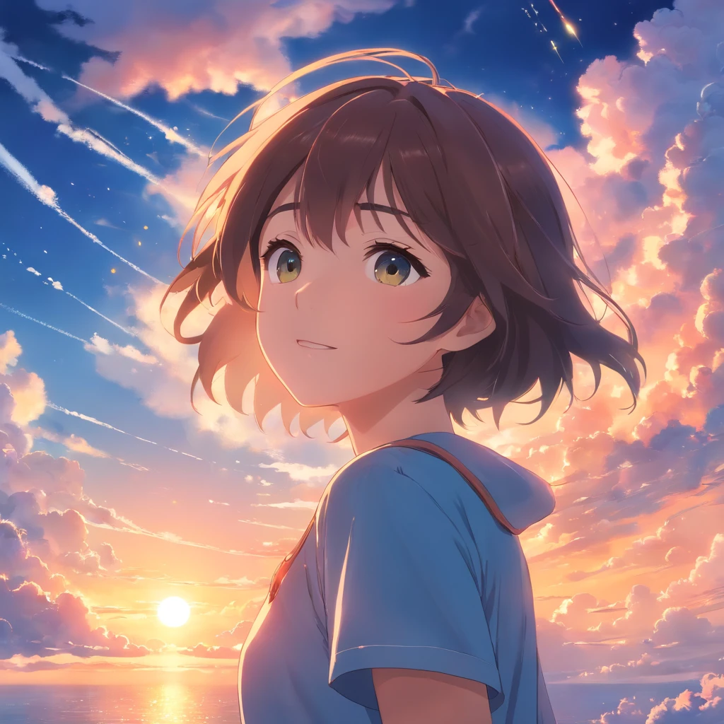 masterpiece, best quality, movie still, 1girl, cloud girl, floating in the sky, close-up, bright, happy, warm soft lighting, sunset, (sparks:0.7)