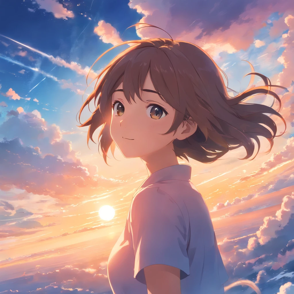 masterpiece, best quality, movie still, 1girl, cloud girl, floating in the sky, close-up, bright, happy, warm soft lighting, sunset, (sparks:0.7)