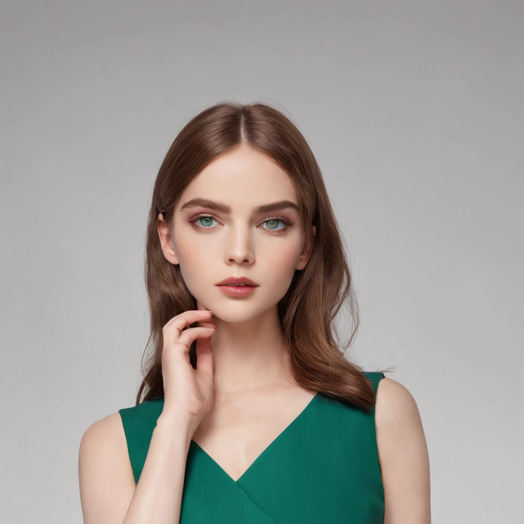Frau , blau-graue augen, kleine stupsnase, voller unterlippe und flacher oberlippe, roten wangen und einem ovalen gesicht, white skin, körchengröße B, Modell, Height 168cm, oberweite 86cm, taillenweite 63 cm, Hip width 91cm, of European origin, deutscher herkunft, Full Body Portrait, pola bild, modelbild, model, 25 jahre alt, green dress, lange braune haare, smil