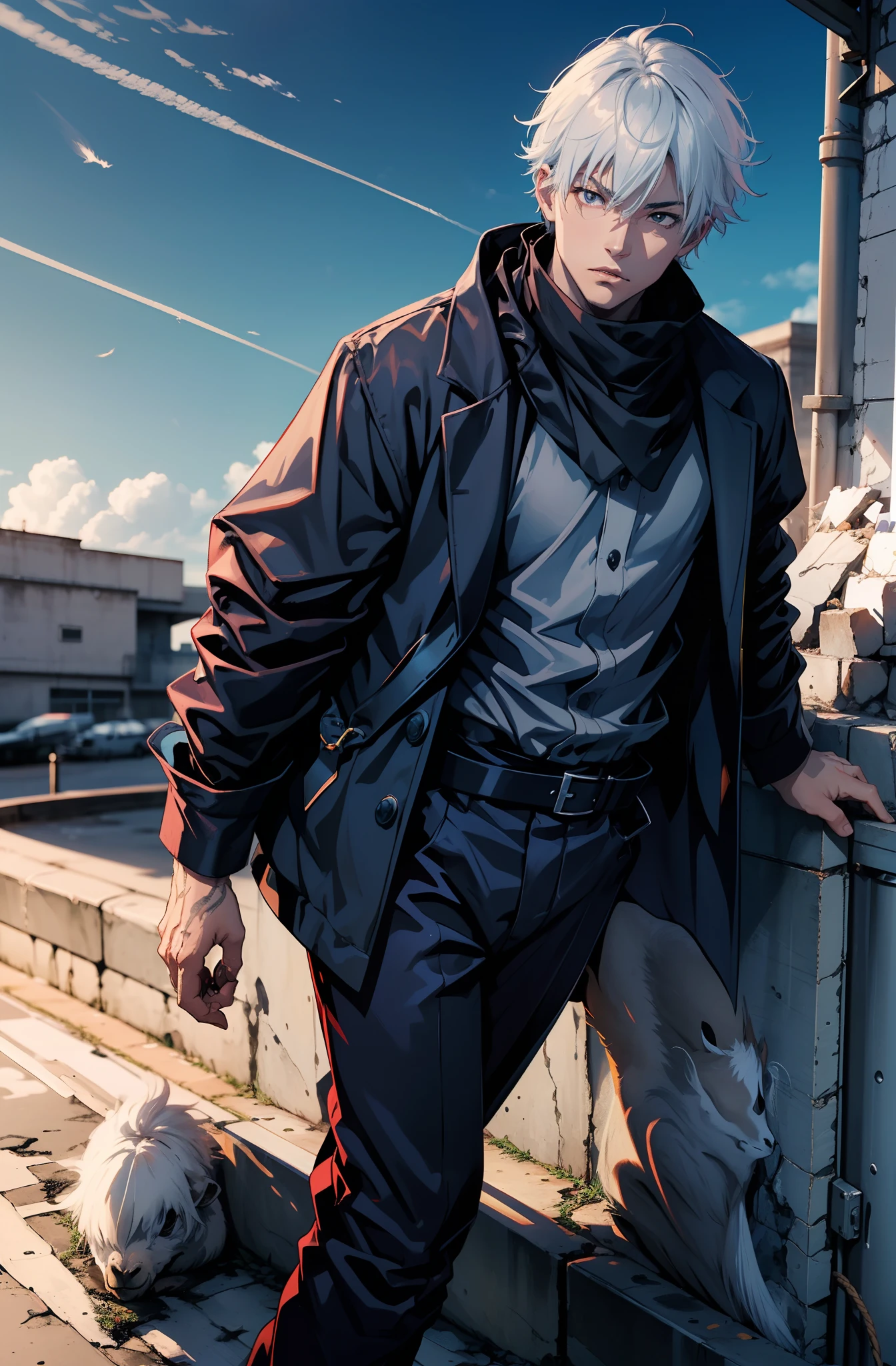 (absurdos, Altas Resoluciones, Ultra detallado, HDR), Obra maestra, nsfw, La mejor calidad, jujutsu kaisen, gojo satoru, 1hombre solamente en combate, guapo, pelo corto, cabello blanco, Ojos azules vibrantes, ojos finos y cara detalladas, (((Fuego, llamas, a su espalda)) Armadura, ((Arma intrincada)). Final Fantasy, abs, badass pose, Chico de anime con las manos agarrando su espada, pose de anime combatiendo, Anime hombre guapo, Personaje masculino de anime, Badass Anime 8K, Arte detallado del personaje de anime, Concepto de anime HDR Anime MacManus, Chico anime, Ikuto Yamashita, Anime CG arte suave, Fondo de pantalla de manga 4 k, inspirado por Yamagata Hiro, Wallaper de anime