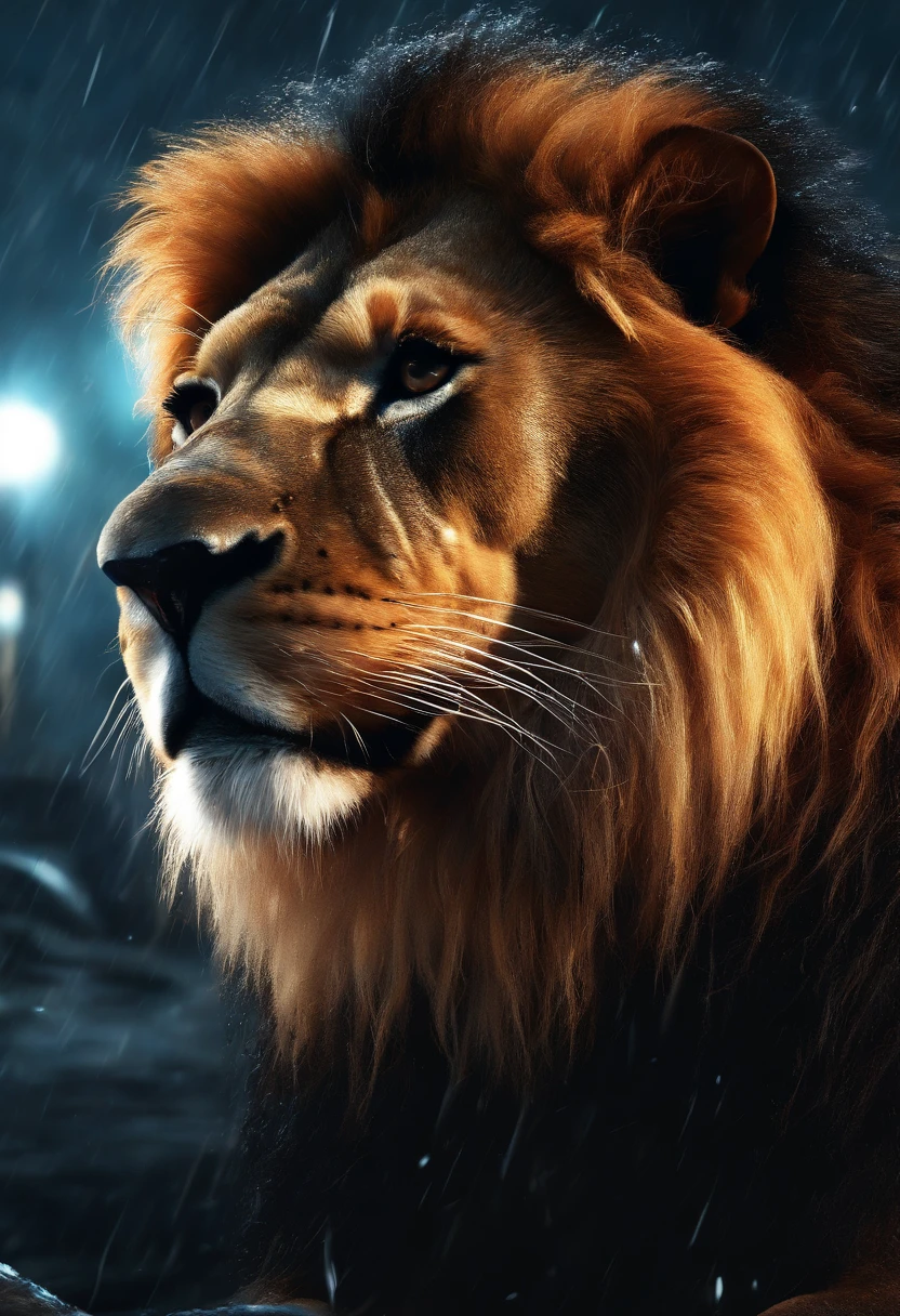 (Professional 3D rendering:1.3) de (Realistic:1.3) World's Most Beautiful Cinematic Lighting Film, Mysterious injured lion, with cyberpunk-style tech implants, durante a noite, na chuva torrencial, in the center of a metropolis, Wet surface textures with water droplets. Estilos de design avante garde inspirados em quadrados e curvas amarelas e pretas(intrincado:1.4), decadente, (altamente detalhado:1.4), pintura digital, rendering by octane, art stations, Conceito-Arte, liso, foco nítido, illustration, germe da arte, (Loish:0.23), Wlop Ilya Kuvshinov, e Greg rutkowski e Alphonse Mucha Gracias, (global ilumination, studiolight, Light Volumetric), chuva forte, floating particles, patife, fantasia, Onze, corpo inteiro, ((Fundo escuro e antigo da cidade:1.3)),CGSesociedade,