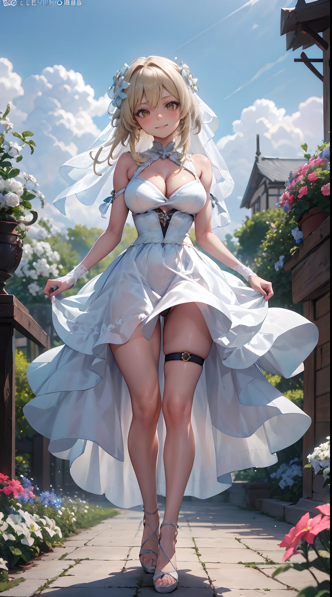 Lumine | genshin impact, master-piece, bestquality, 1girls,25 years old, proportional body, proportional., Wedding Dresses, White Wedding Dress, Long skirt, wedding, mediuml breasts, ,bara, Standing in the middle of a flower garden, outdoor, wedding, The sky is beautiful, Both hands hold a bouquet of flowers.........................., View viewers from the front., Thigh strap, Head tilt, bored, 10, 10, HD, slight smile,