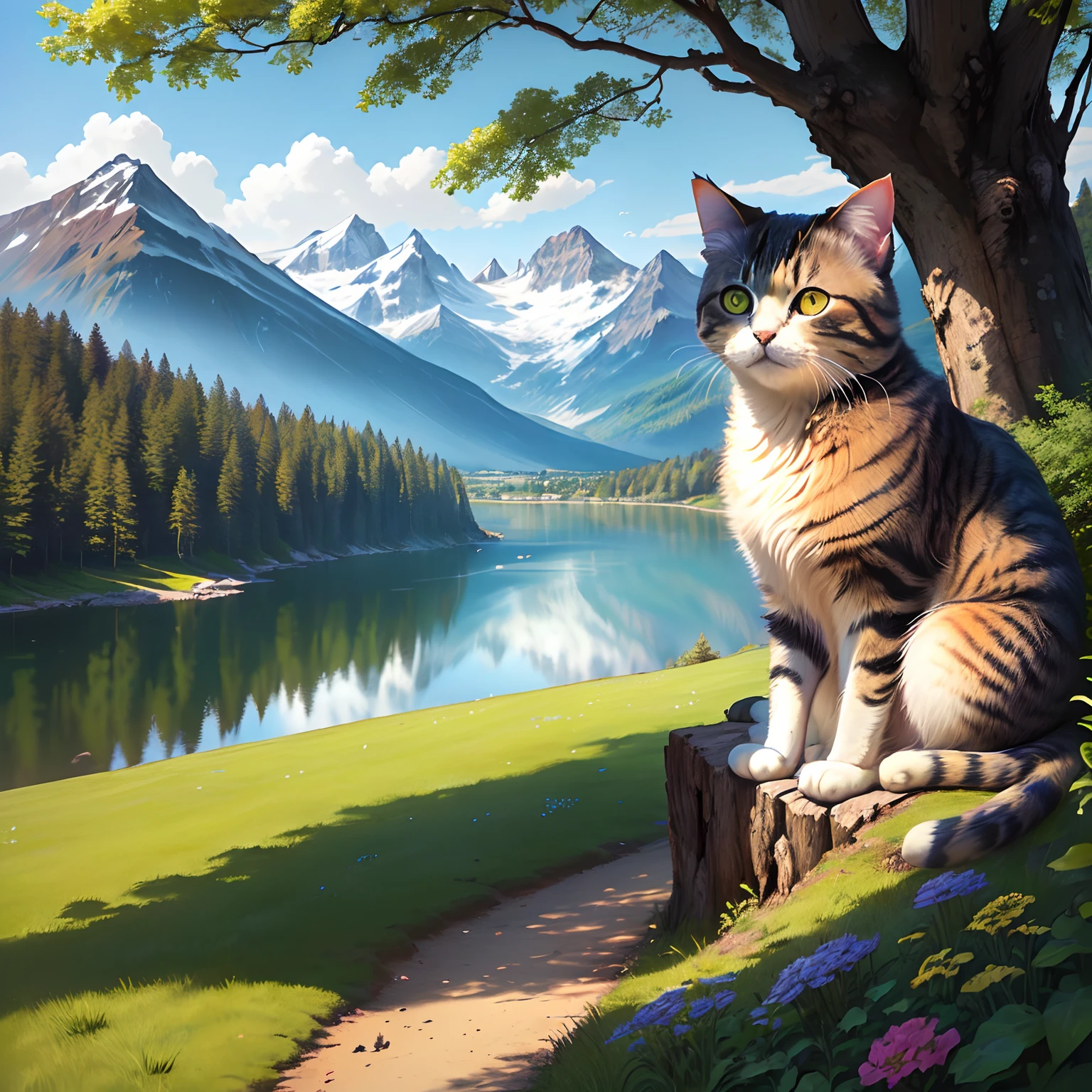 Cute furry cat sits beneath a large shady tree on a hill overlooking a blue lake with mountains in the background, daytime, green grass, detailed background, detailed eyes, 1furry, 3+ birds, 5+flowers