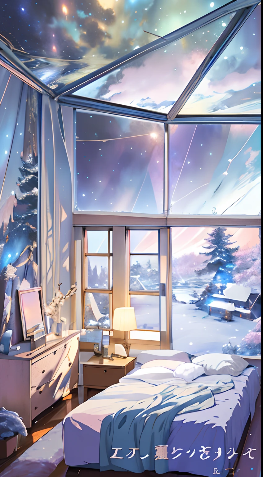 There is a bed in the room with window and night sky, cozy wallpaper, Anime background art, personal room background, a crystalline room, Arte conceitual de inverno, anime backgrounds, anime beautiful peace scene, beautiful anime scenery, beautiful anime scenes, bedroom background, interior background art, cozy home background, Anime landscapes, By Yuumei, Relaxing concept art