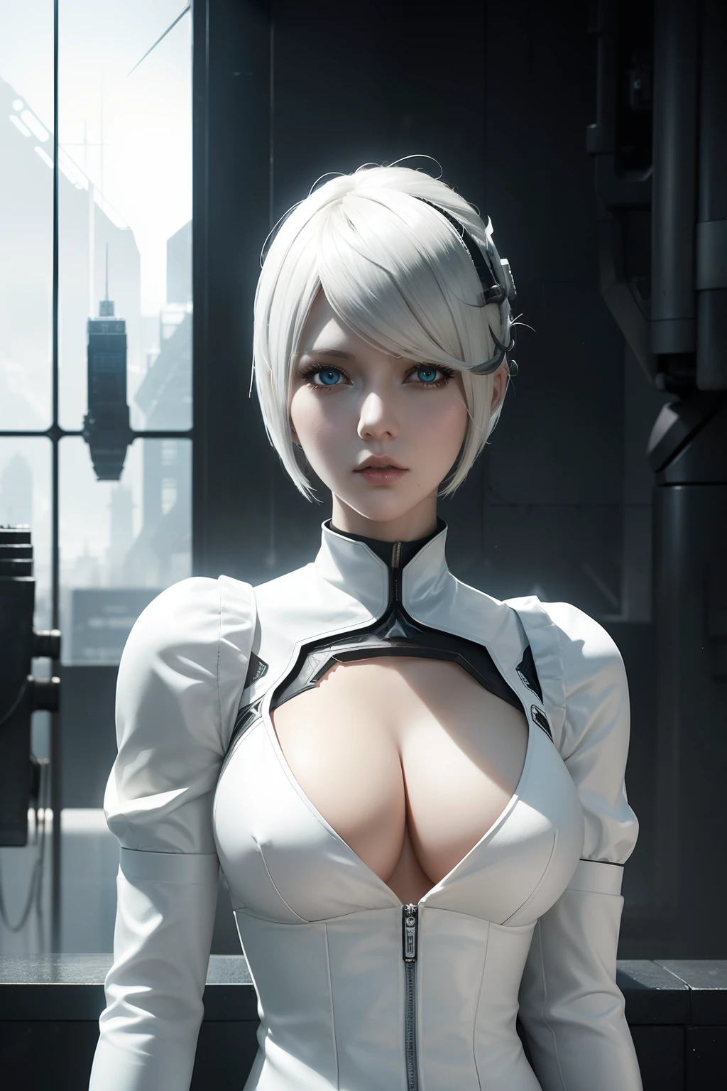 A porcelain cyborg girl in white suit mecha iron futuristic orned armor modern simplified elegant (((in Nier Automata aesthetic style::1))) by Raymond Swanland