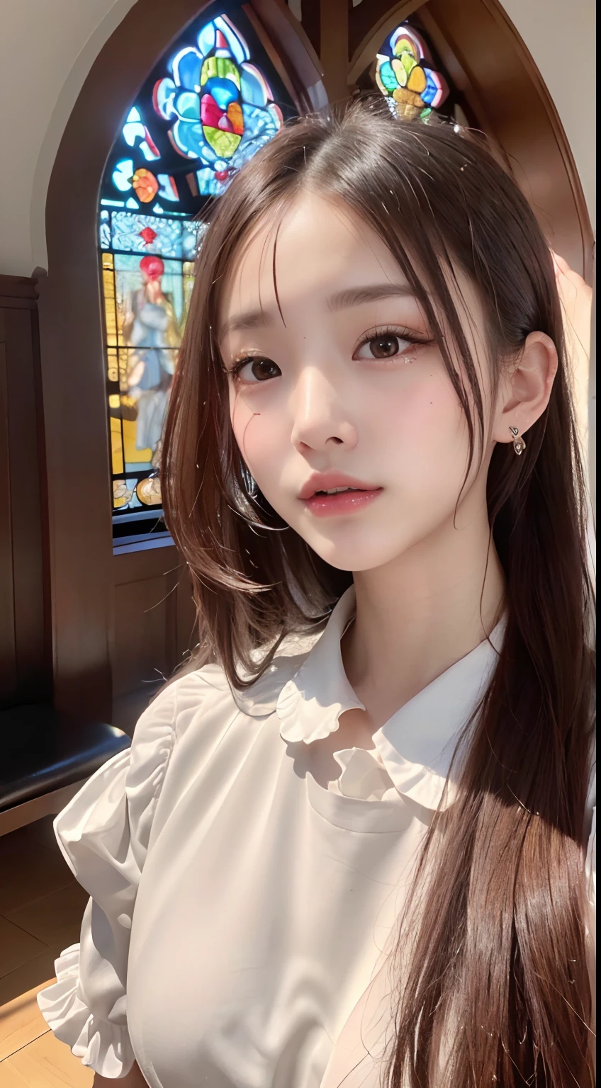 (The background is a monastery:1.3, Beautiful stained glass:1.3), (64k, RAW photo, best quality, masterpiece:1.4), (realistic, photo-realistic:1.3), 20 years old girl, (white shirt:1.3), (frilled miniskirt:1.3), ultra detailed face and eyes, ((full body shot: 1.2)), especially strong light, (upper eyes), shiny skin, (dark brown hair, high pony-tail hair:1.2), (thick thighs), (flash:1.2), ((seductive posture: 1.2, attractive: 1.2)), ((good anatomy: 1.2)), perfect face:1.2, break, (During sex:1.3), (Having sex with man:1.3), ((penis into vagina:1.3)), ((A dildo-vibrator is inserted into a own vagina:1.3)), Straddling a man, Cowgirl, (high angle shot:1.2), small breasts:1.2, small hip:1.2, break, (closed eyes:1.5, shy-face, Open your mouth wide to the maximum)), makeup, orange lipgloss, with blush cheeks, Detailed teeth, full of sweat, a necklace, piercings, Bracelet, Shot from a little distance