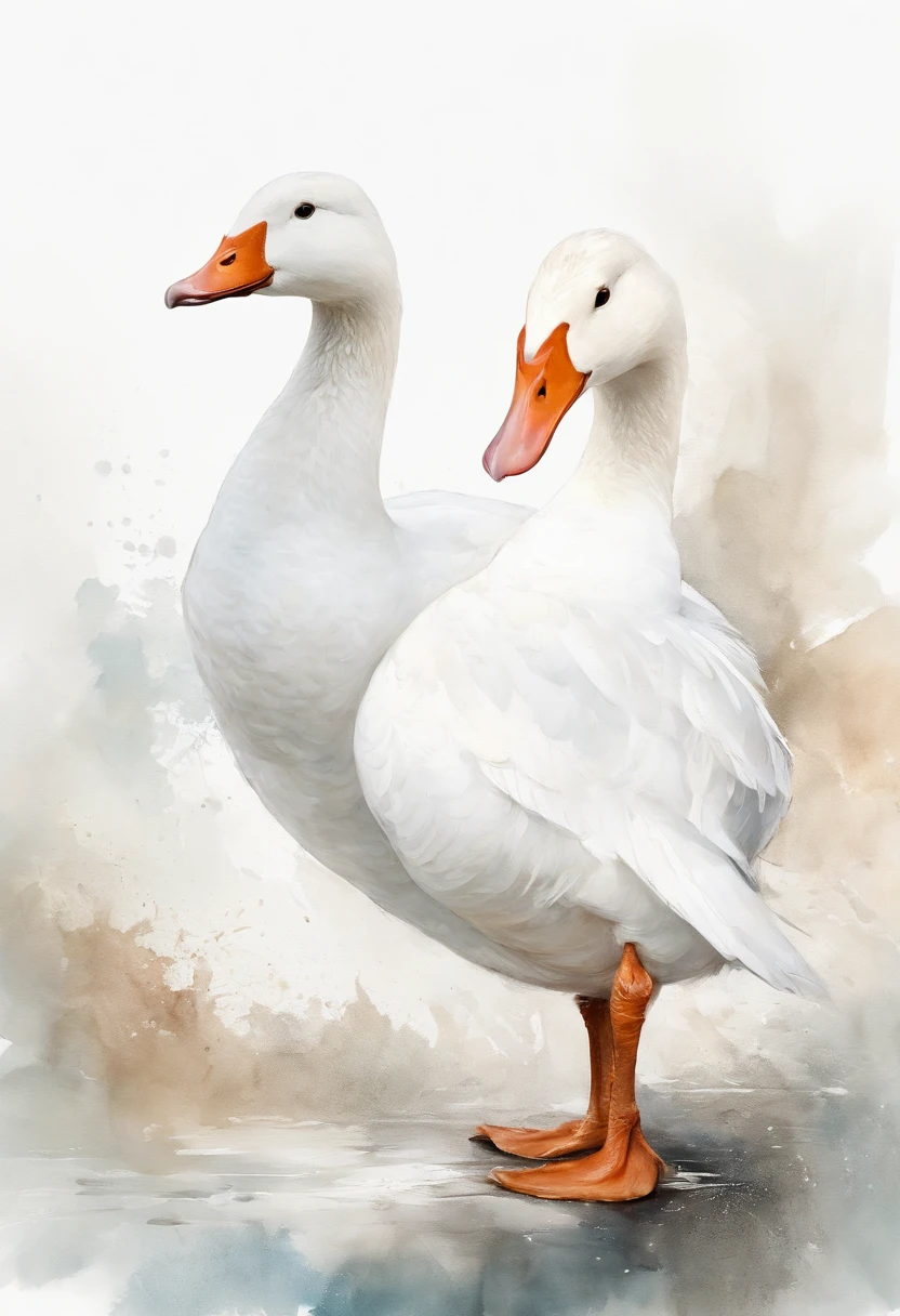 Perfect centering, Cute white goose,ssmile,Domestic geese,Poultry white goose,Standing position, Abstract beauty, Centered, With his back to the camera, nearing perfection, Dynamic, Highly detailed, smooth, Sharp focus, 8K, high definition resolution, illustration, Art by Carne Griffiths and Wadim Kashin, White background
