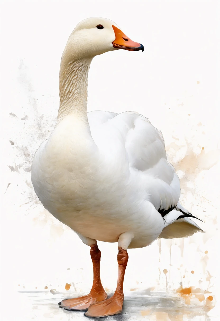Perfect centering, Cute white goose,ssmile，Domestic geese，Poultry white goose，Standing position, Abstract beauty, Centered, With his back to the camera, nearing perfection, Dynamic, Highly detailed, smooth, Sharp focus, 8K, high definition resolution, illustration, Art by Carne Griffiths and Wadim Kashin, White background