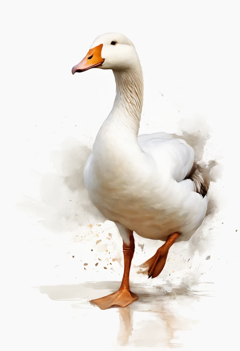 Perfect centering, Cute white goose,ssmile，Domestic geese，Poultry white goose，Standing position, Abstract beauty, Centered, With his back to the camera, nearing perfection, Dynamic, Highly detailed, smooth, Sharp focus, 8K, high definition resolution, illustration, Art by Carne Griffiths and Wadim Kashin, White background