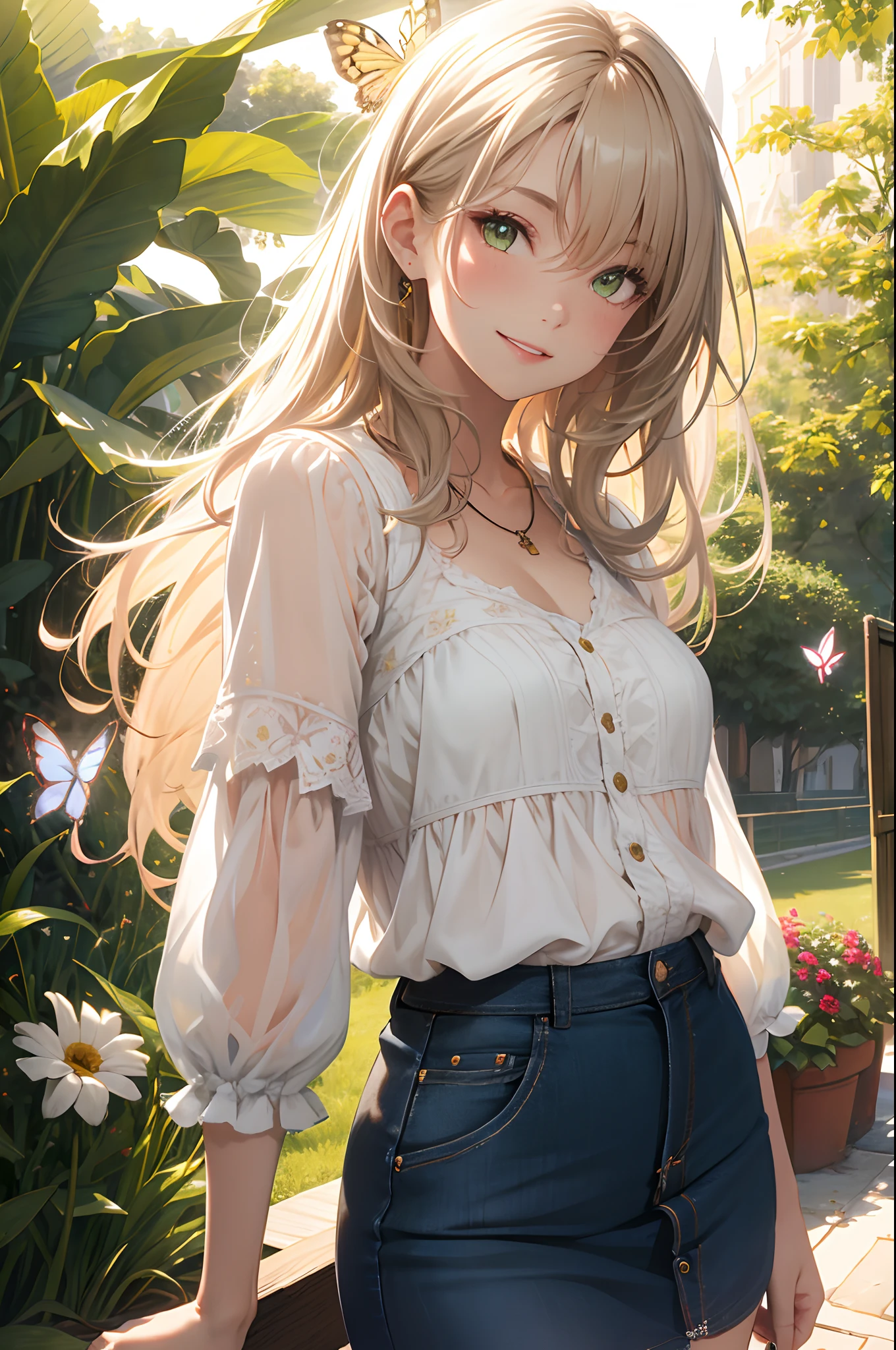 CG, unity, 8k, wallpaper, (masterpiece), (best quality),(1girl:1.3),best lighting, complex pupils, complex textile, detailed background, park, evening, sunny, upper body, from front, smiling, slender, smooth skin, green eyes, white blouse, denim skirt, sandals, necklace, (flower, butterfly, sunbeam),