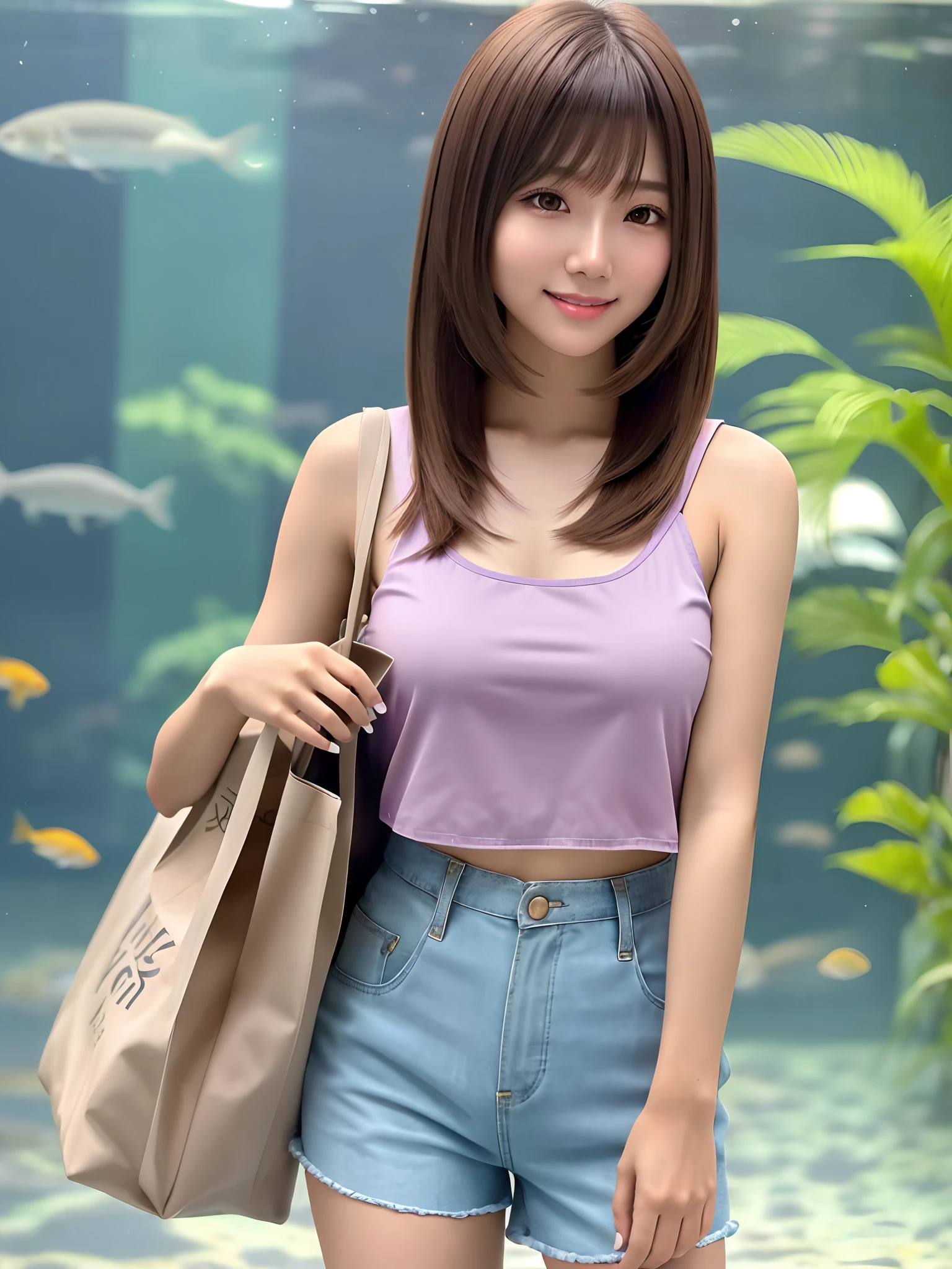 product quality, 1 girl, a cowboy shot, front view, a Japanese young pretty girl, long bob hair, carrying a tote bag over her shoulder, a big smile, glamorous figure, wearing a satin pink camisole, wearing short pants, watching a school of big fish in a crowded aquarium, hyper cute face, glossy lips, double eyelids for both eyes, natural makeup, shiny smooth light brown long bob hair, asymmetrical bangs, tanned skin, central image, high resolution, high detailing, detailed hairstyle, detailed face, cinematic lighting, octane rendering, vibrant, hyper realisitic, perfect limbs, perfect anatomy