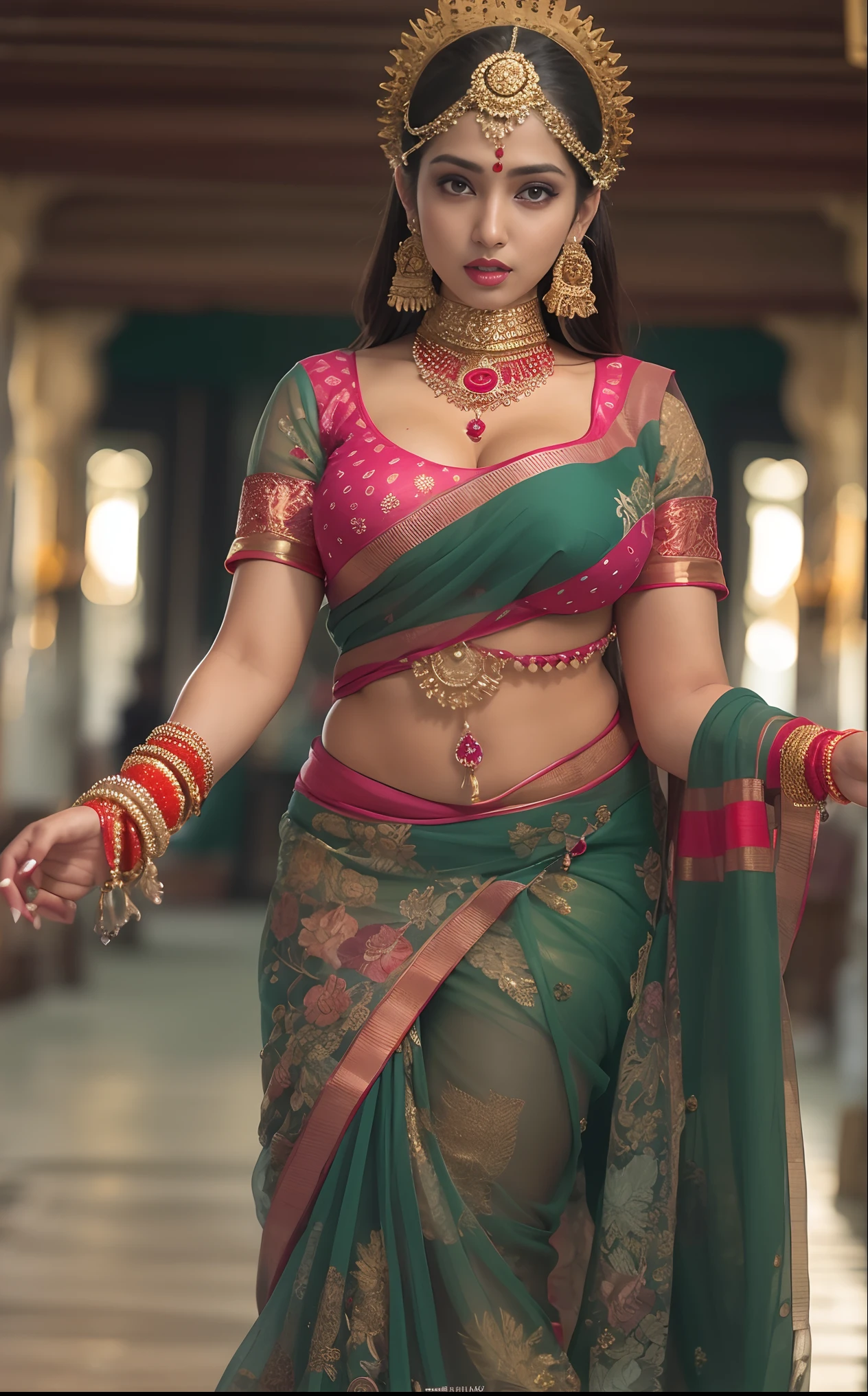 a woman in a sari posing for a picture, indian goddess, traditional beauty, indian, beautiful goddess, ornate cosplay, indian style, indian super model, beautiful maiden, gorgeous woman, south east asian with long, provocative indian, gorgeous beautiful woman, intricate outfit, hindu aesthetic, beautiful asian girl, extremely detailed goddess shot, jaw-dropping beauty, big boobs deep cleavage sexy navel, big boobs deep cleavage, sexy indian women, massive boobs in sexy bikni fusion full body