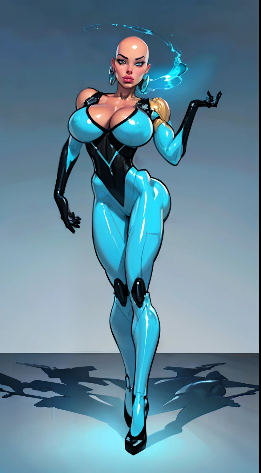 ((Radiant Aura:1.7)), 8k ((full body view))((below view:1.7)) (large eyes:1.3), defined cheekbones, looking back, ((the pit style:1.4))((sleek chrome bodysuit:1.6)) ((zentai bodysuit:1.6)), ((visor))((intricate metal details:1.4))detailed face:1.5), lightblue skin,(puffy lips:1.5) (lightblue skin:1.6), (bald woman:1.7), (skinhead) ((sexy pose)),(Muscular:1.3), ((gigantic breasts:1.5)), )highly detailed, majestic, digital photography, art by artgerm and ruan jia and greg rutkowski, ((metal shoulder pads:1.2)), (masterpiece), sidelighting, intricate details, black and blue color palette