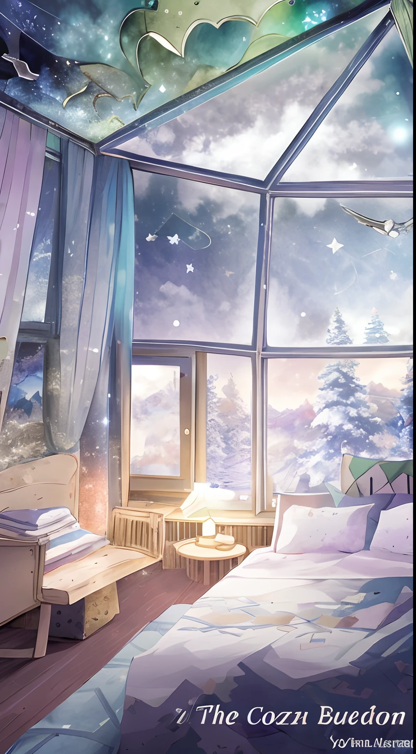 The room had a bed with a window and night sky, cozy wallpaper, Anime background art, personal room background, a crystalline room, Arte conceitual de inverno, anime backgrounds, anime beautiful peace scene, beautiful anime scenery, beautiful anime scenes, bedroom background, interior background art, cozy home background, Anime landscapes, By Yuumei, Relaxing concept art