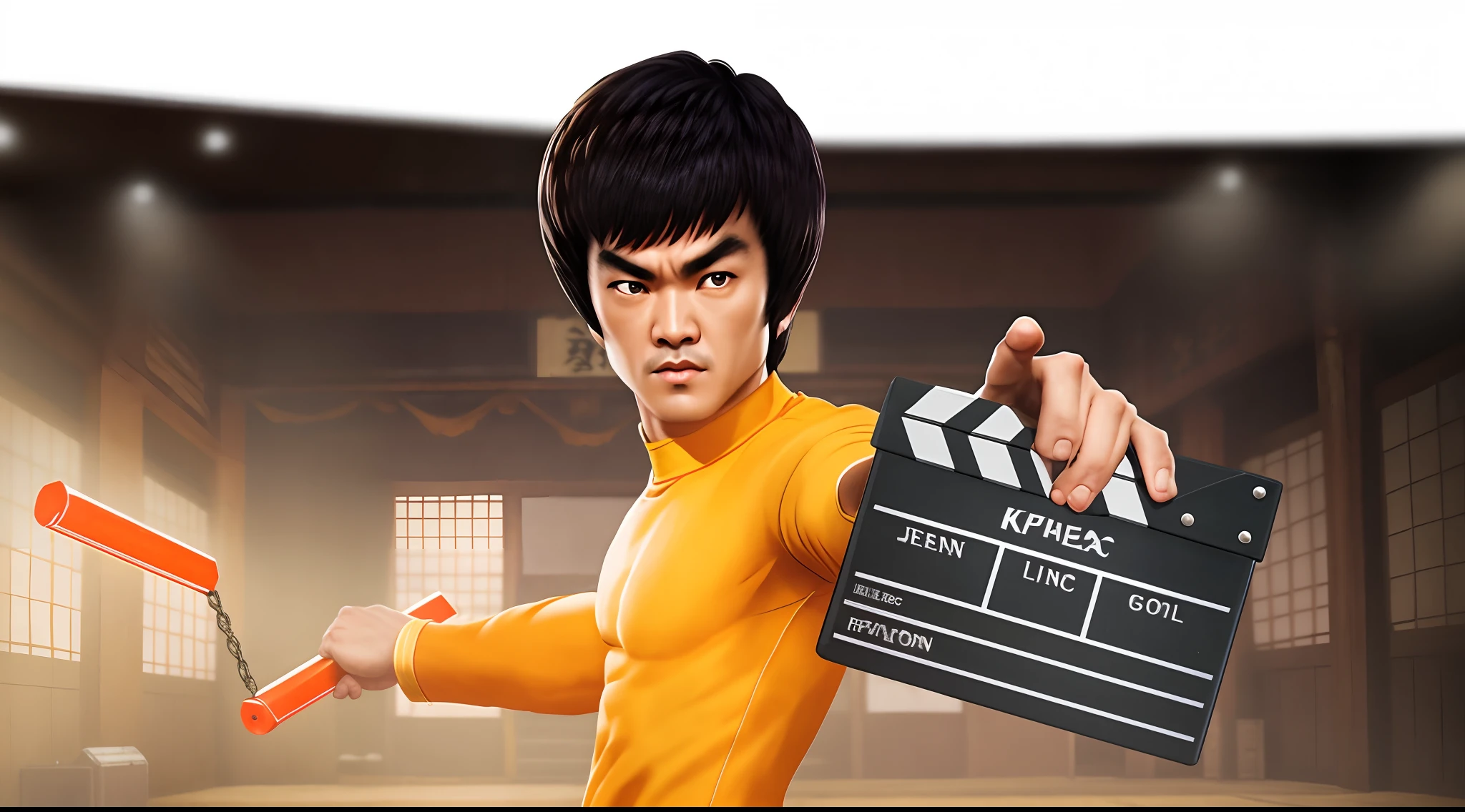 An image of Alphad in a room holding a movie clapper, Bruce lee, Kungfu, high detail iconic character, Kungfu, portrait of bruce lee, hero action pose, 3 d demo reel avatar, 3 d animated movie, fighting game character, cinematic pose, Cinematic action, cinematic details, movie character, portrait shooting, cinematic action shot