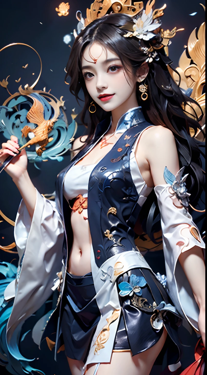 Official Art, Unified 8K Wallpapers, Ultra Detailed, Beautiful and Aesthetic, Masterpiece, Best Quality, (Zentangle, Tangle, Entangle), (fractal art: 1.4), (character center: 1.3), 1girl, black hair, Chinese, off-the-shoulders, short skirt, calf, navel, very detailed, dynamic angle, cowboyshot, (most beautiful form of chaos), ethereal, (bright colors), oc, (half: 1.2), china, (thangka flying sky: 1.5), (ribbon: 1.3), (dream: 1.5), (hanfu: 1.5), Chinese dragon, Chinese phoenix, (smile: 0.5), ( Chinese deities),