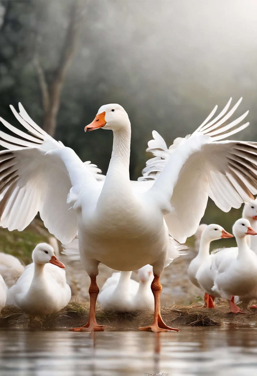 Perfect centering, Cute white goose,ssmile,Domestic geese,A flock of poultry white geese,Standing position, Abstract beauty, Centered, With his back to the camera, nearing perfection, Dynamic, highly details, smooth, Sharp focus, 8K, high definition resolution, illustration, Art by Carne Griffiths and Wadim Kashin, White background
