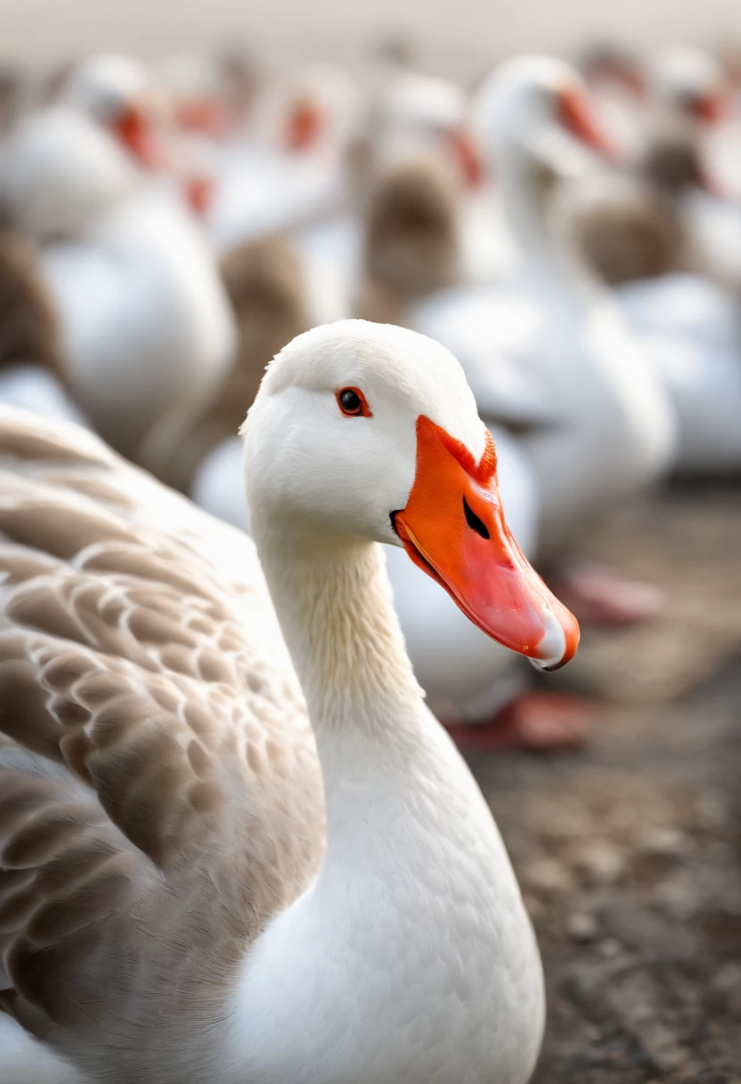 Perfect centering, Cute white goose,ssmile,Domestic geese,A flock of poultry white geese,Standing position, Abstract beauty, Centered, With his back to the camera, nearing perfection, Dynamic, highly details, smooth, Sharp focus, 8K, high definition resolution, illustration, Art by Carne Griffiths and Wadim Kashin, White background