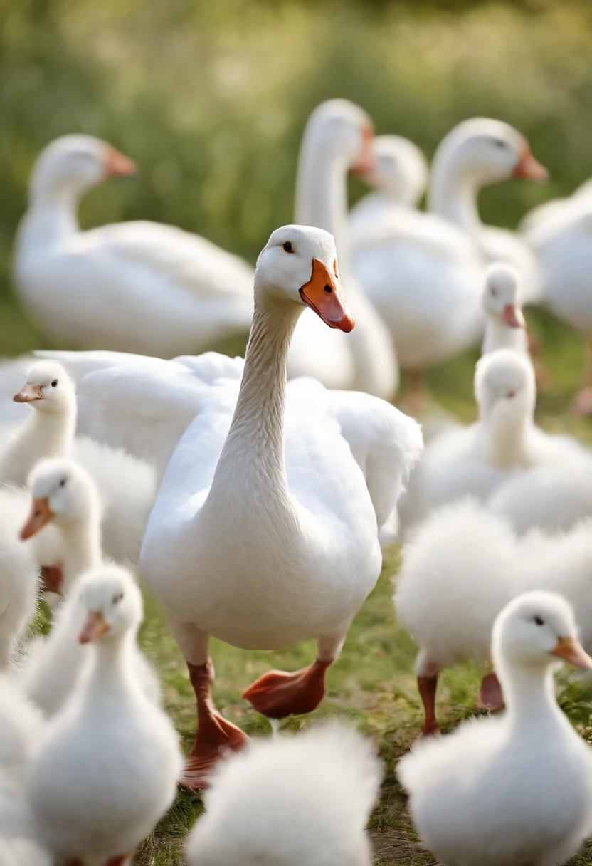 Perfect centering, Cute white goose,ssmile,Domestic geese,A flock of poultry white geese,Standing position, Abstract beauty, Centered, With his back to the camera, nearing perfection, Dynamic, highly details, smooth, Sharp focus, 8K, high definition resolution, illustration, Art by Carne Griffiths and Wadim Kashin, White background